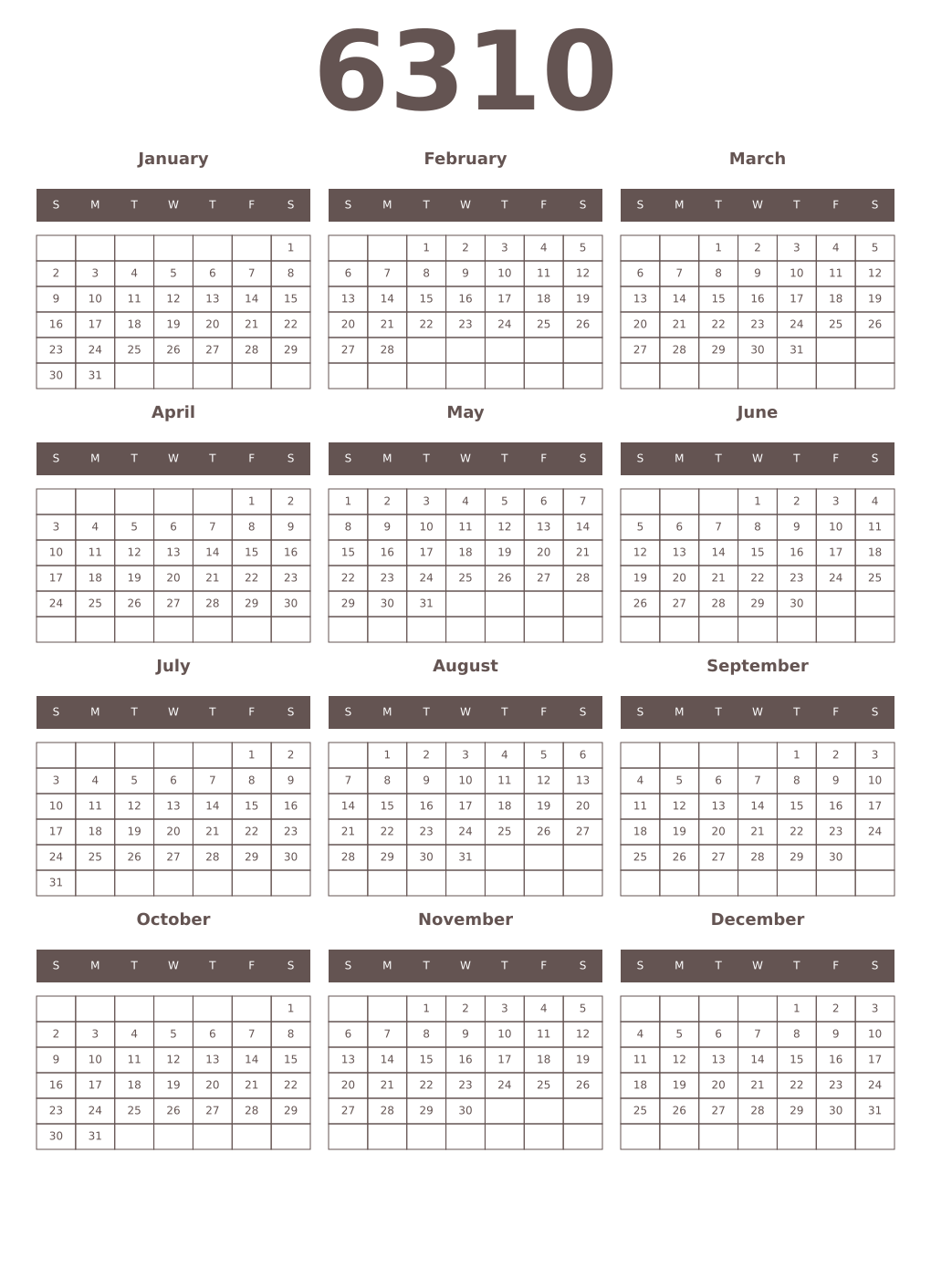 Printable 6310 Year Calendars wenge