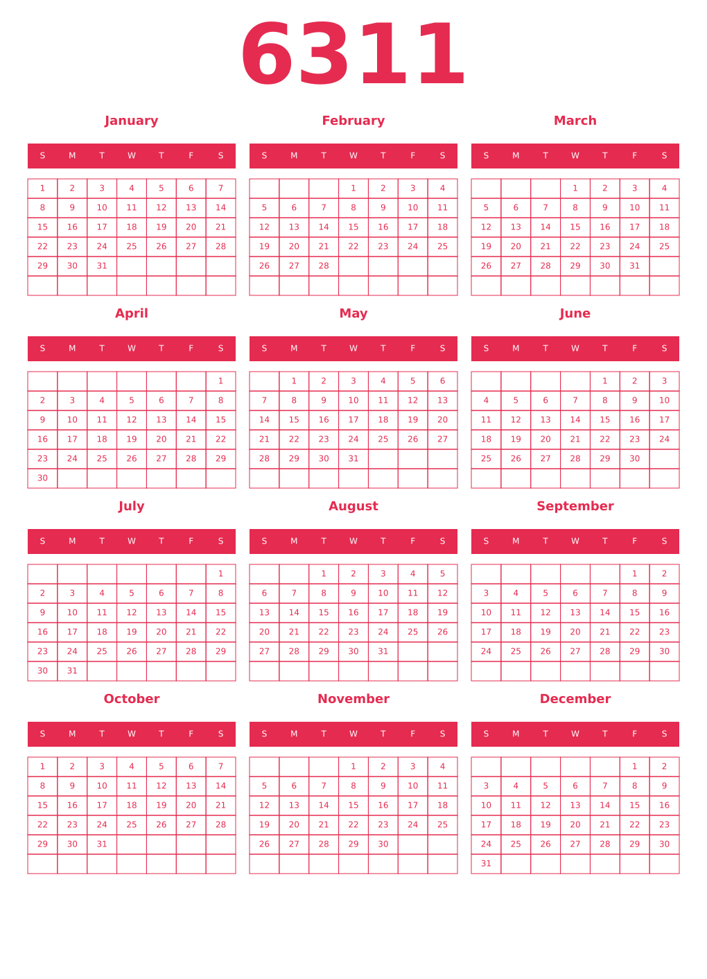 Printable 6311 Year Calendars amaranth