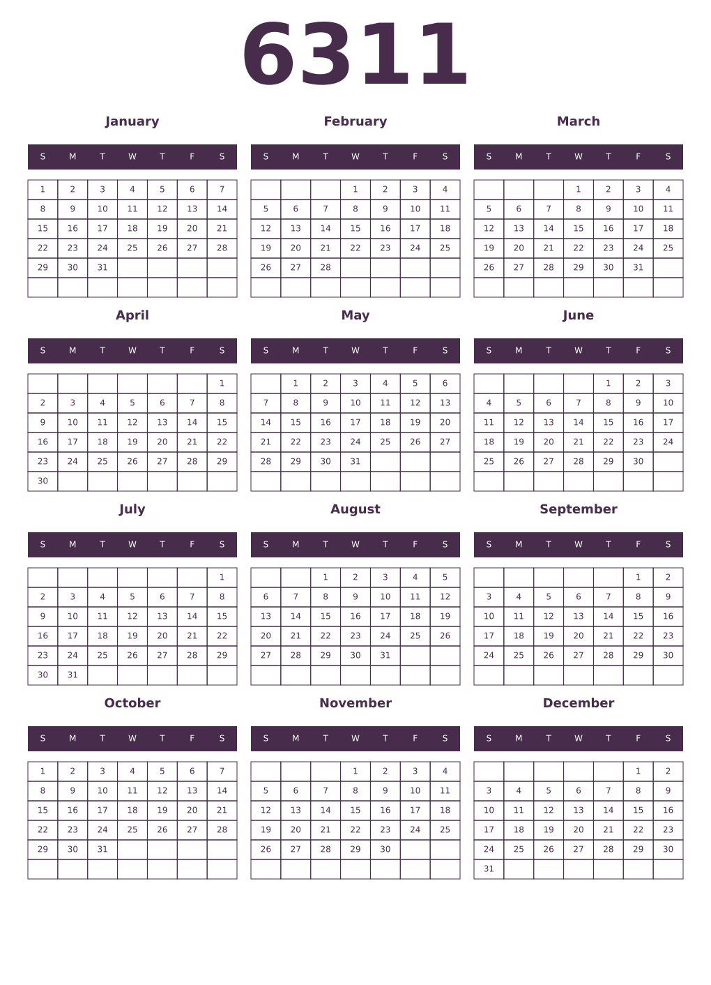 Printable 6311 Year Calendars aubergine