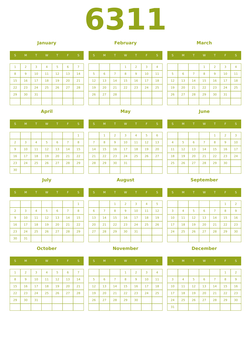 Printable 6311 Year Calendars chartreuse