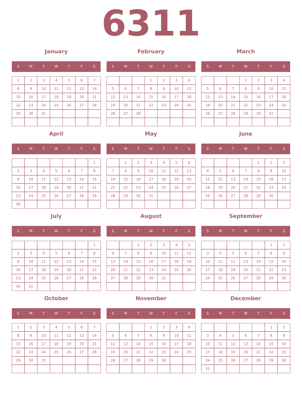Printable 6311 Year Calendars puce