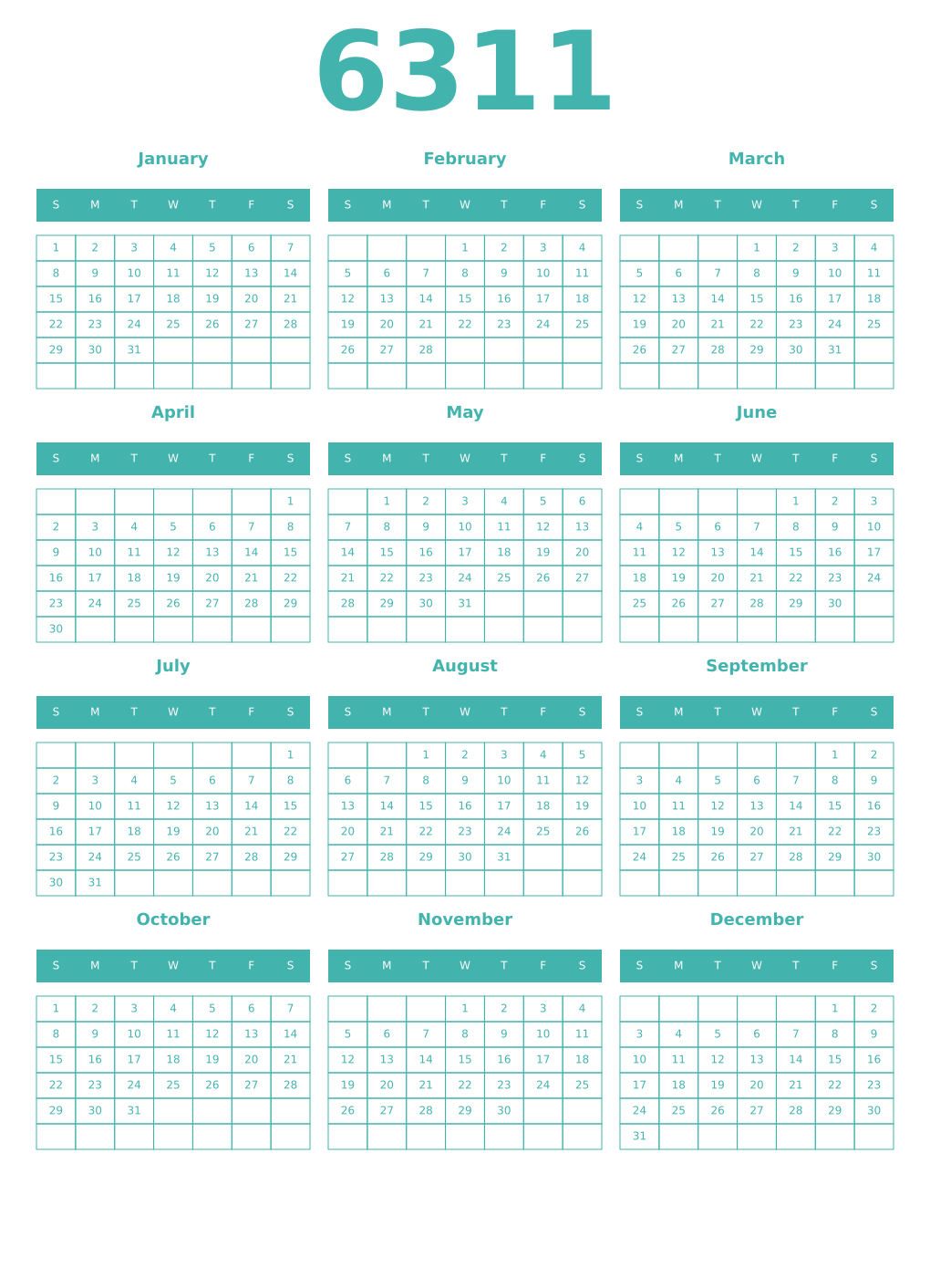 Printable 6311 Year Calendars verdigris