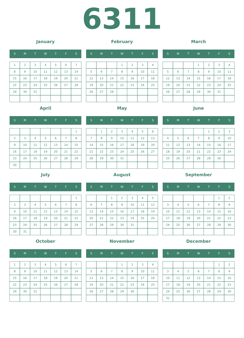 Printable 6311 Year Calendars viridian