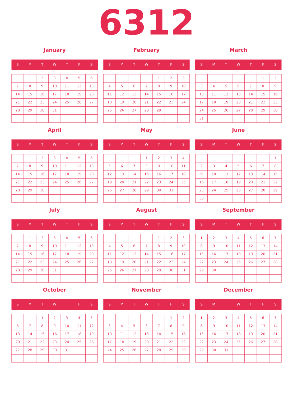 Printable 6312 Year Calendars amaranth