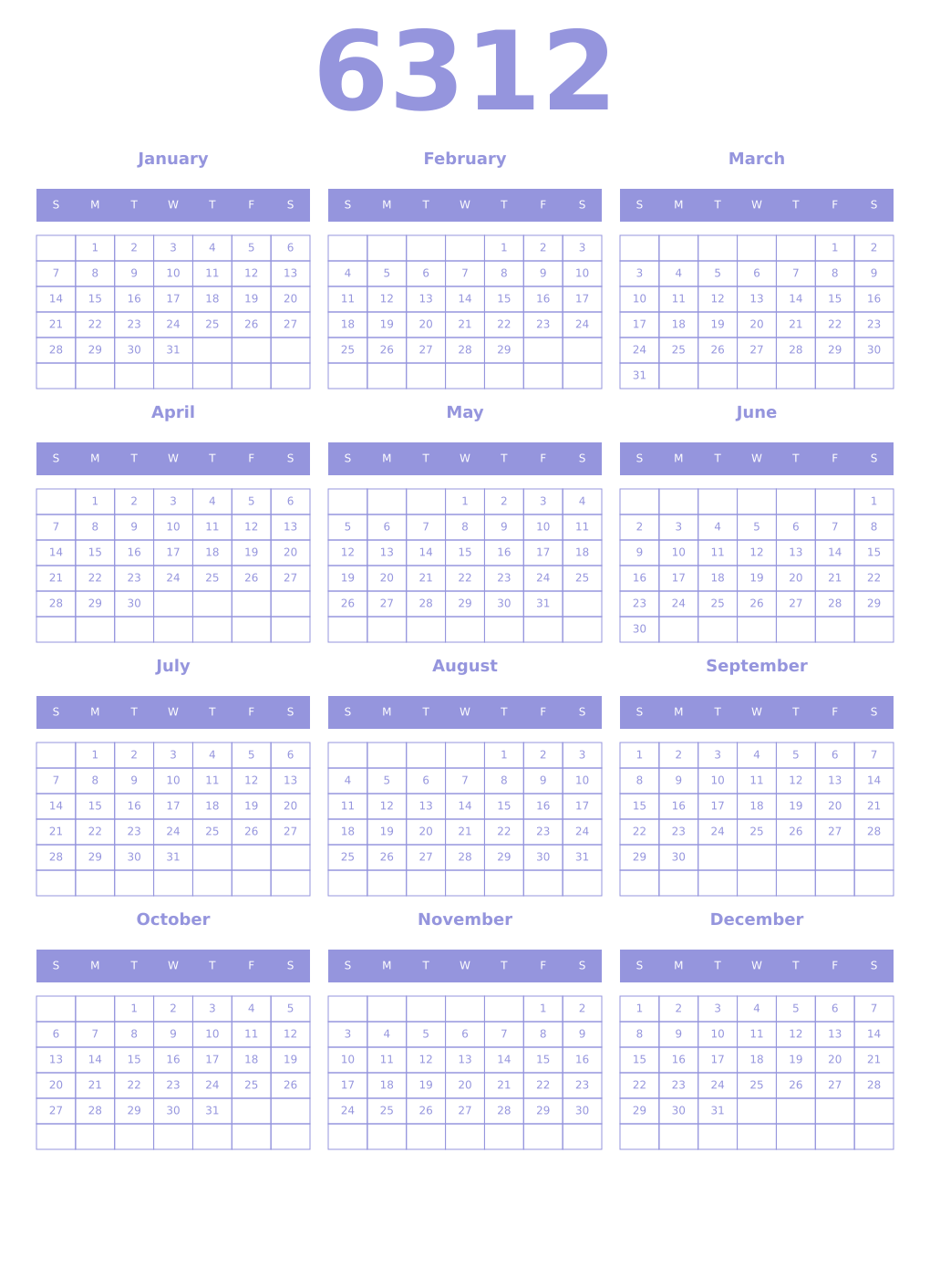 Printable 6312 Year Calendars periwinkle