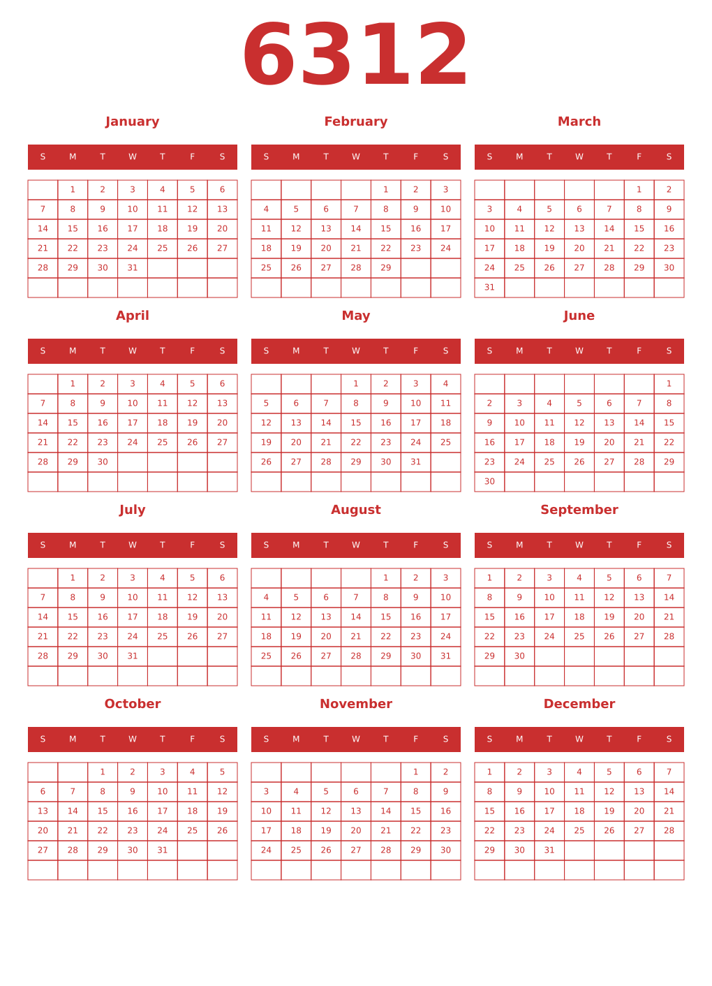 Printable 6312 Year Calendars red