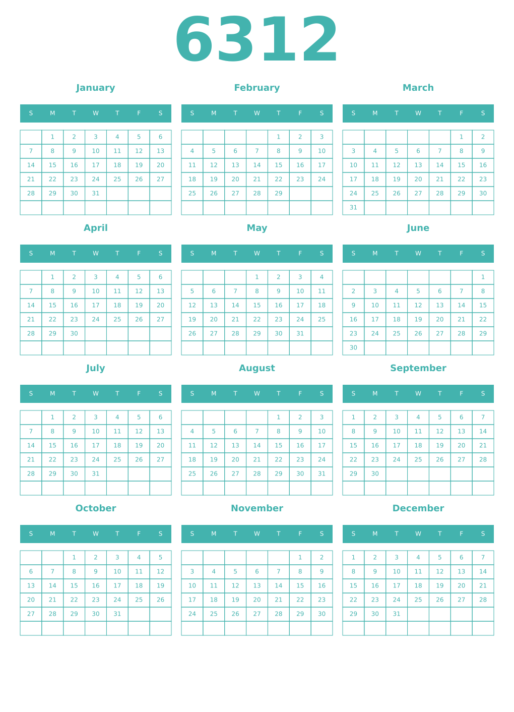 Printable 6312 Year Calendars verdigris