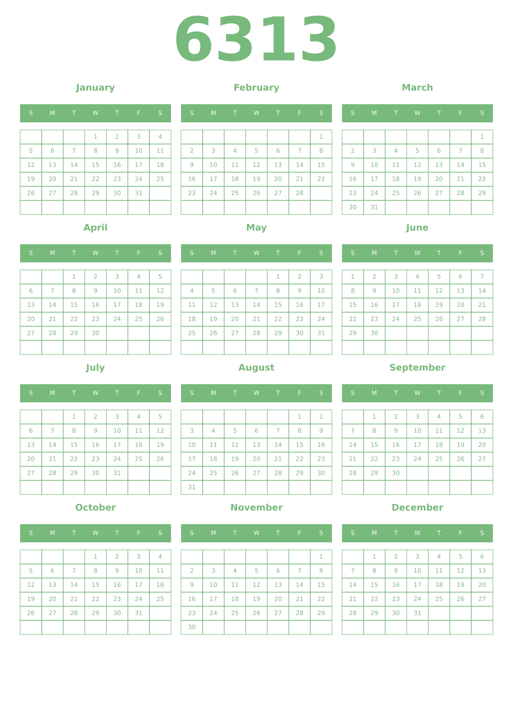 Printable 6313 Year Calendars celadon
