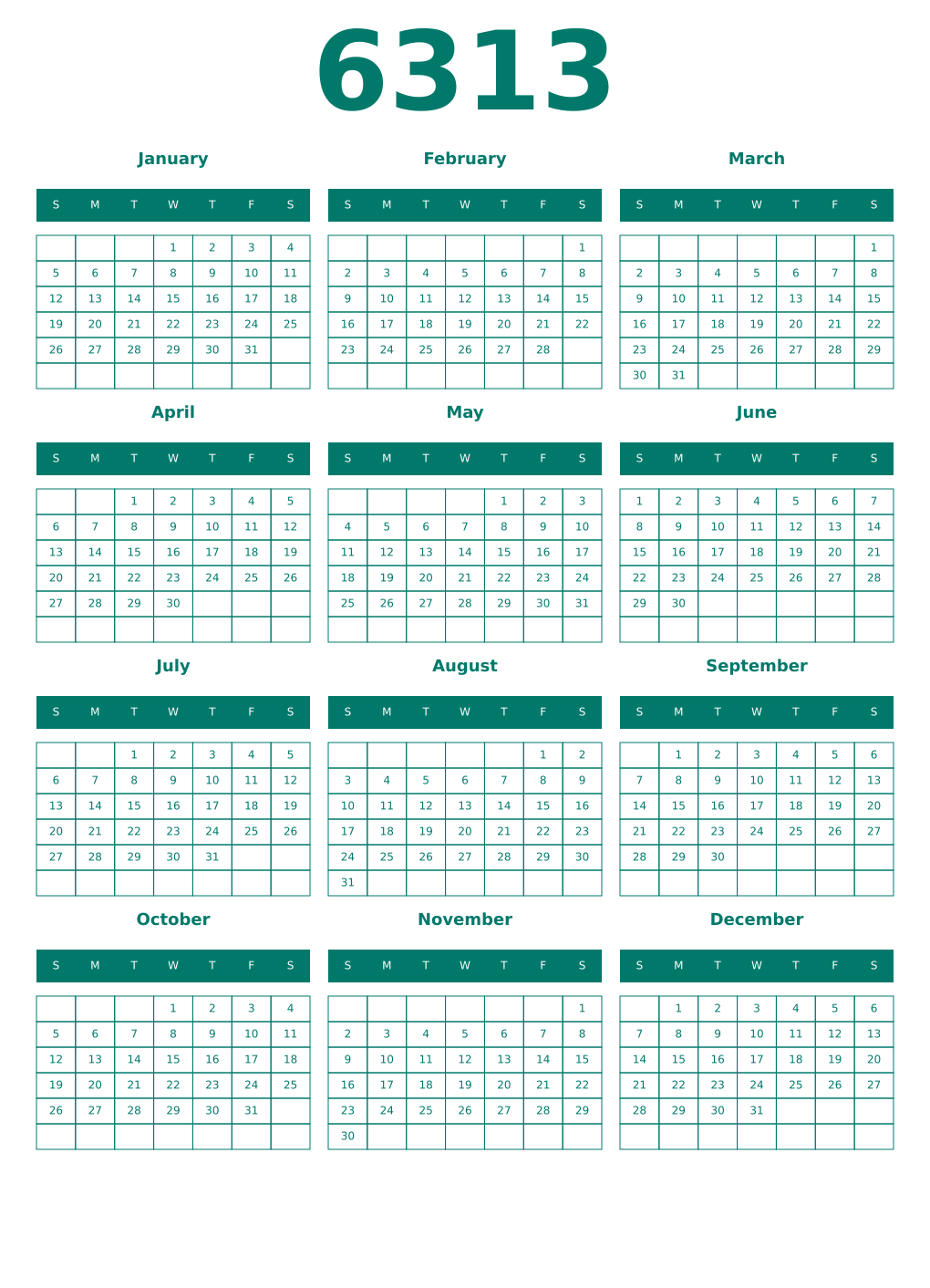 Printable 6313 Year Calendars pastel