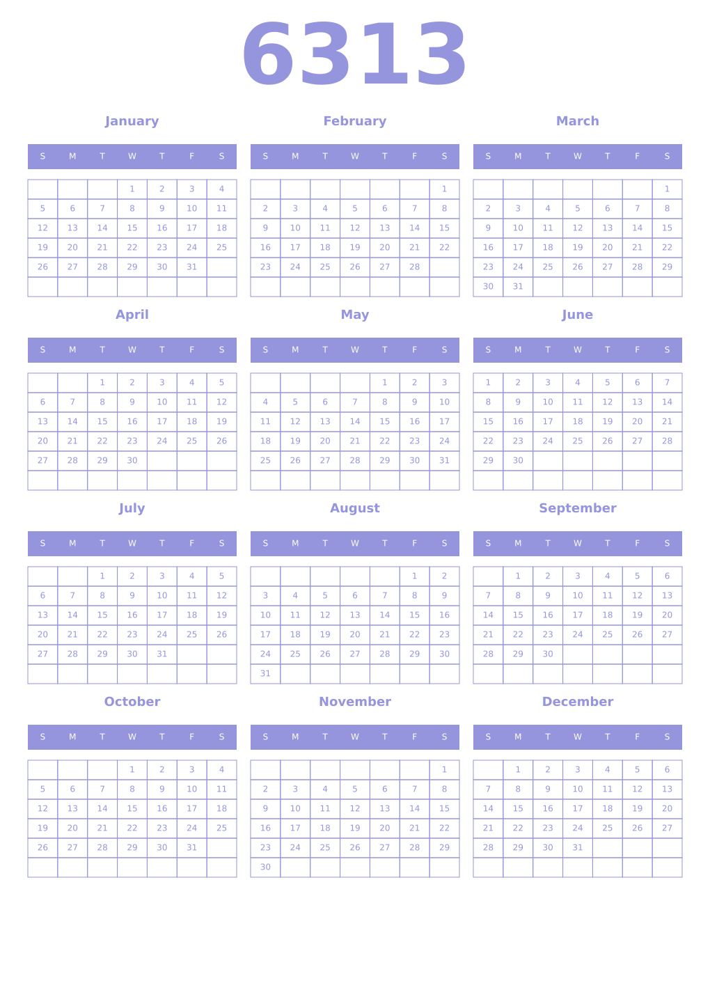 Printable 6313 Year Calendars periwinkle