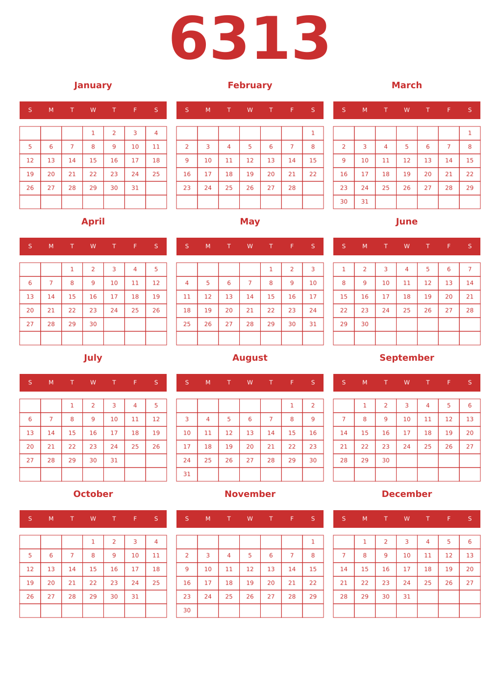 Printable 6313 Year Calendars red