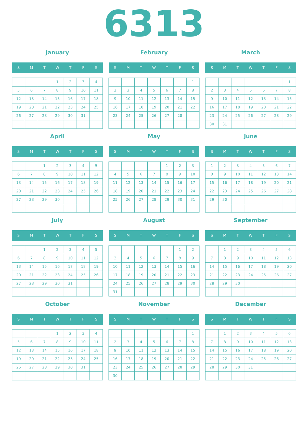 Printable 6313 Year Calendars verdigris