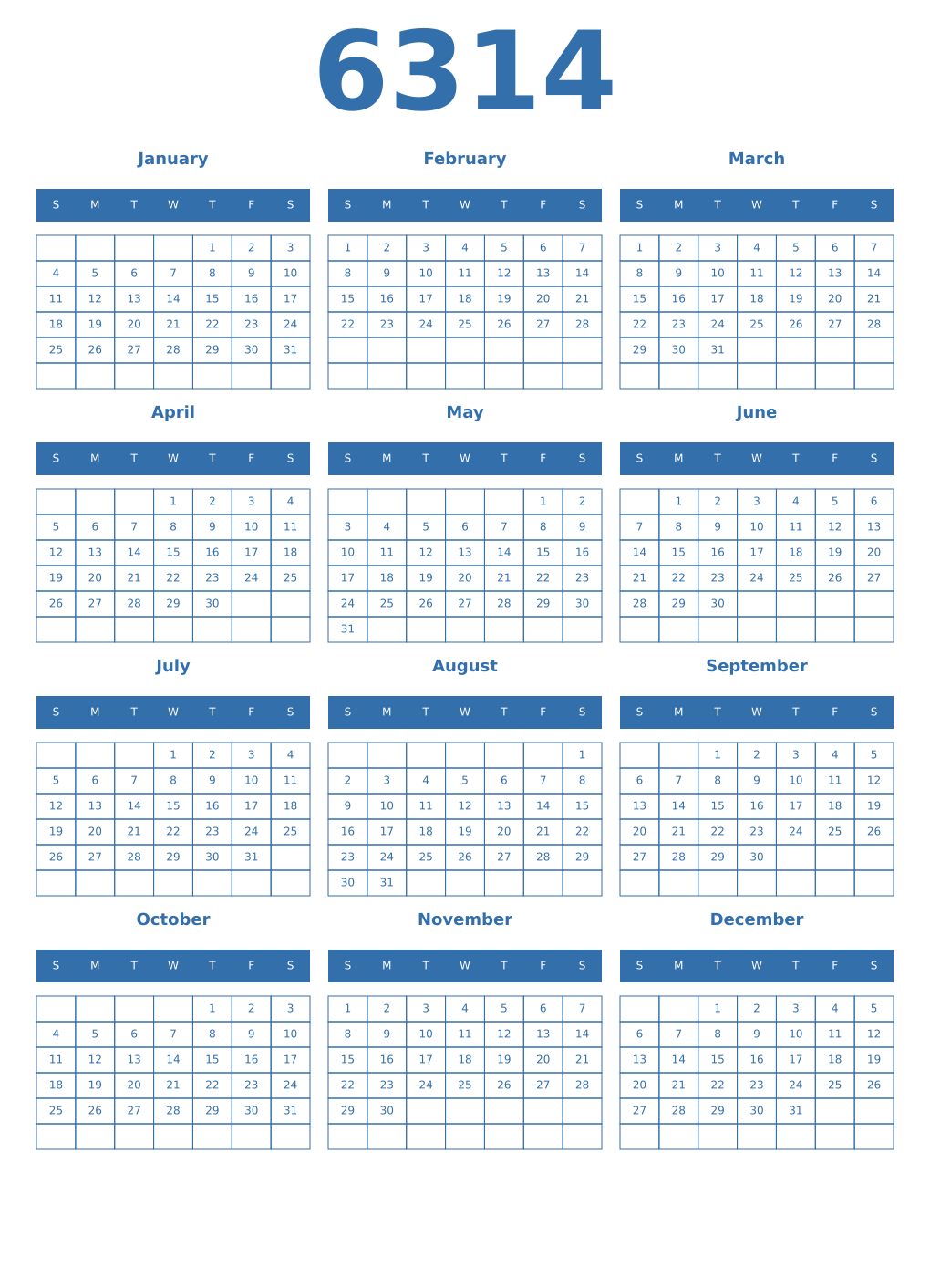 Printable 6314 Year Calendars blue