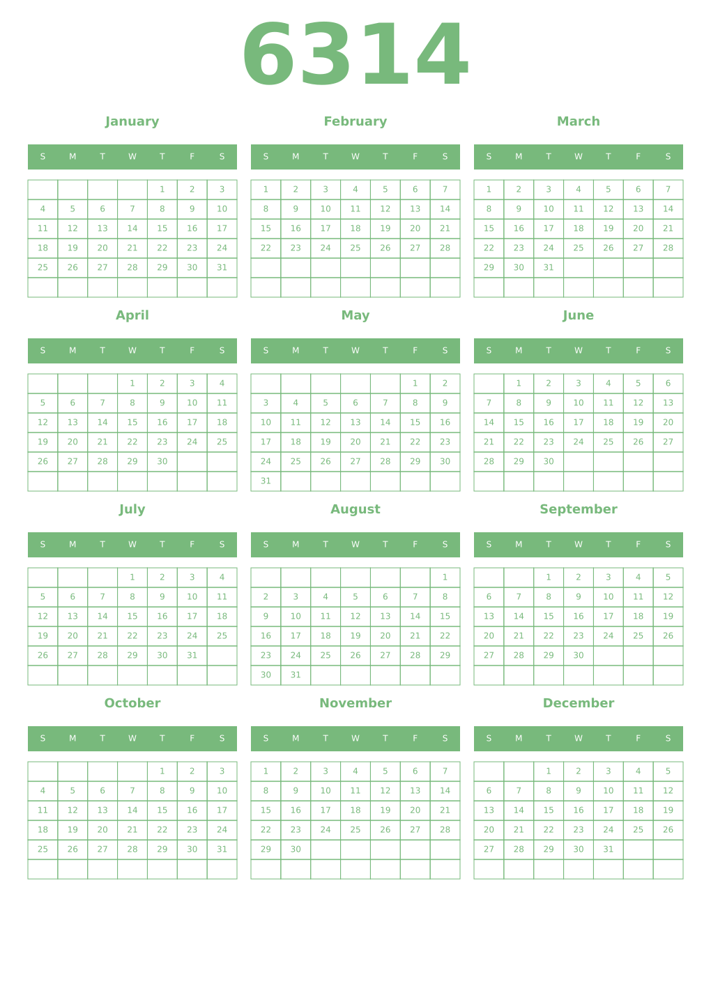 Printable 6314 Year Calendars celadon