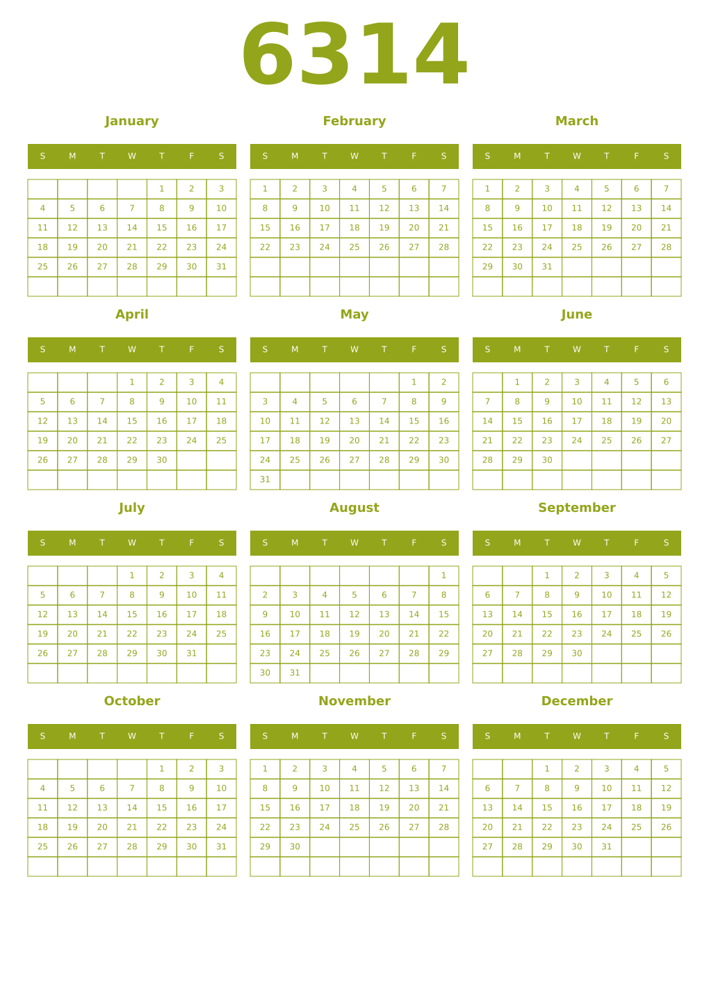 Printable 6314 Year Calendars chartreuse