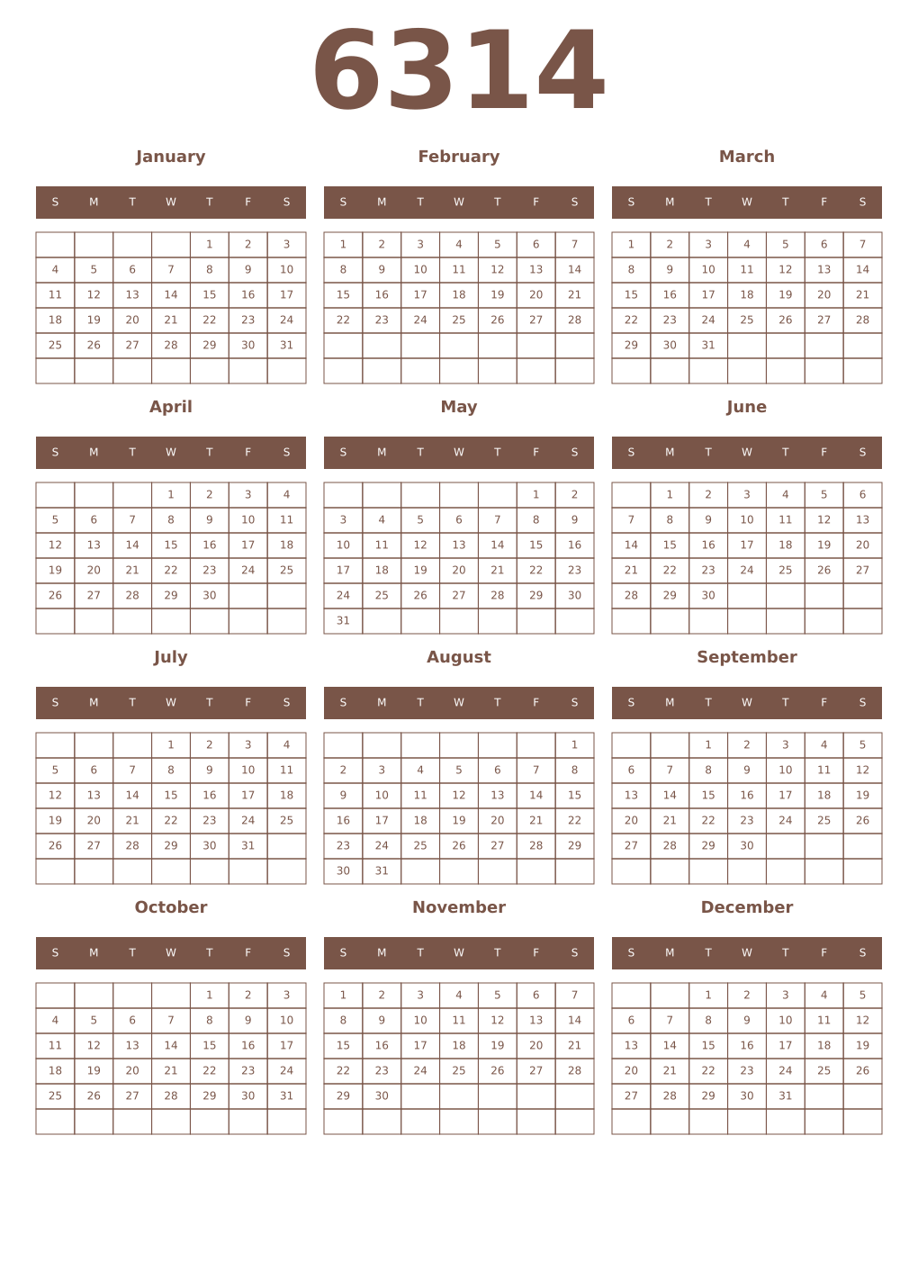 Printable 6314 Year Calendars coffe