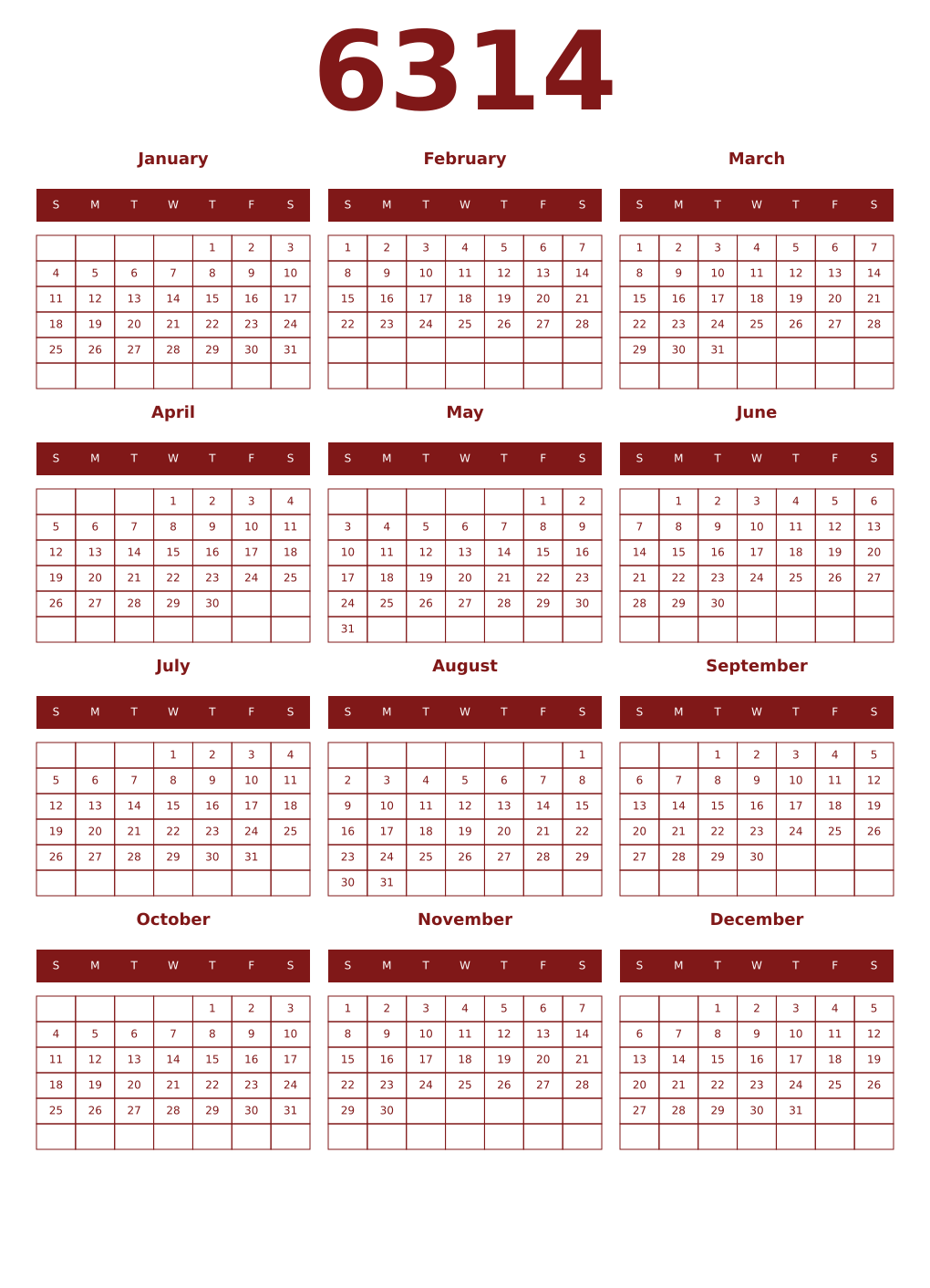 Printable 6314 Year Calendars falu