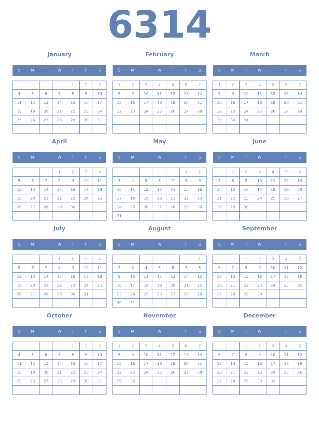 Printable 6314 Year Calendars glaucous