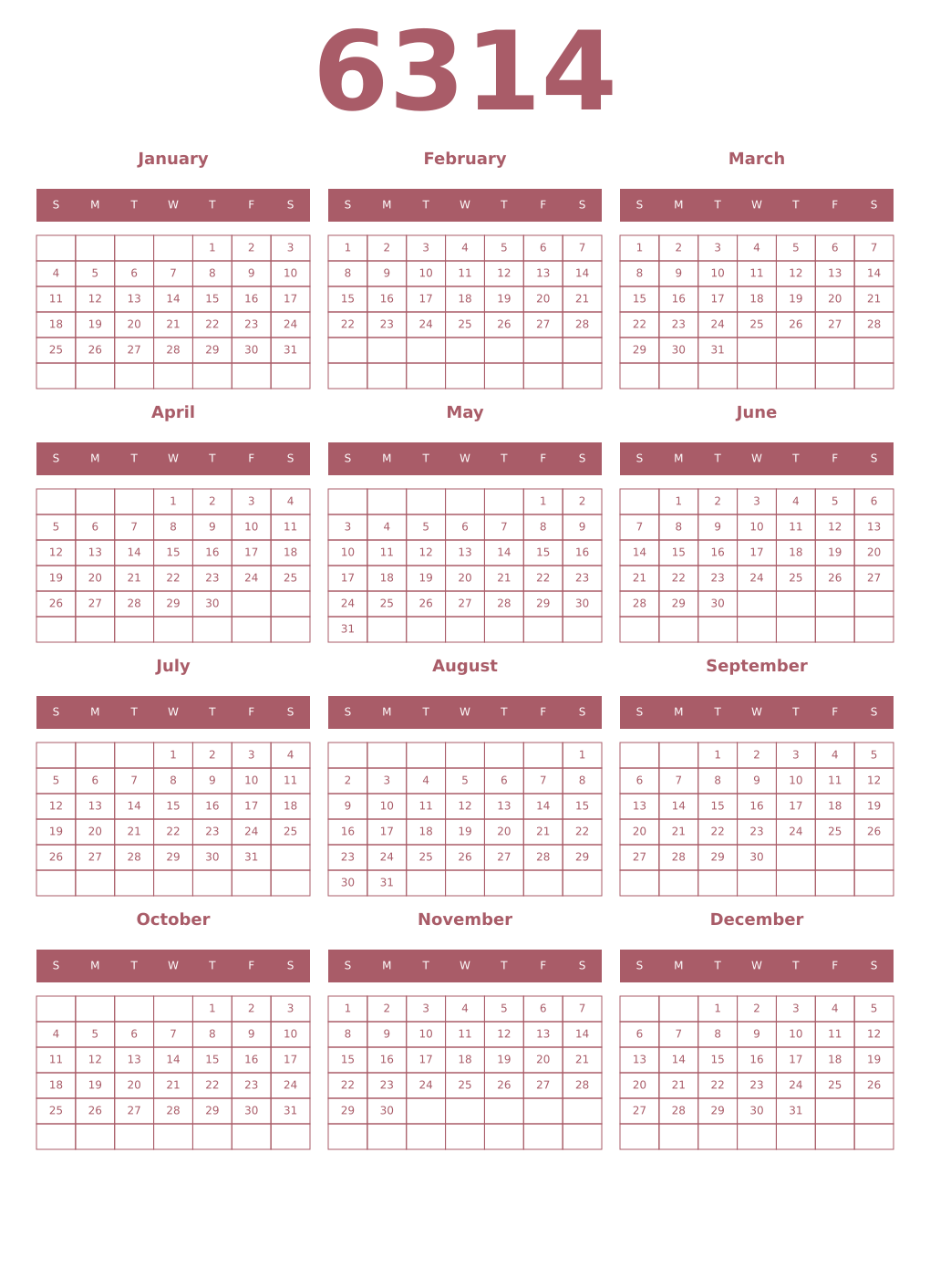Printable 6314 Year Calendars puce