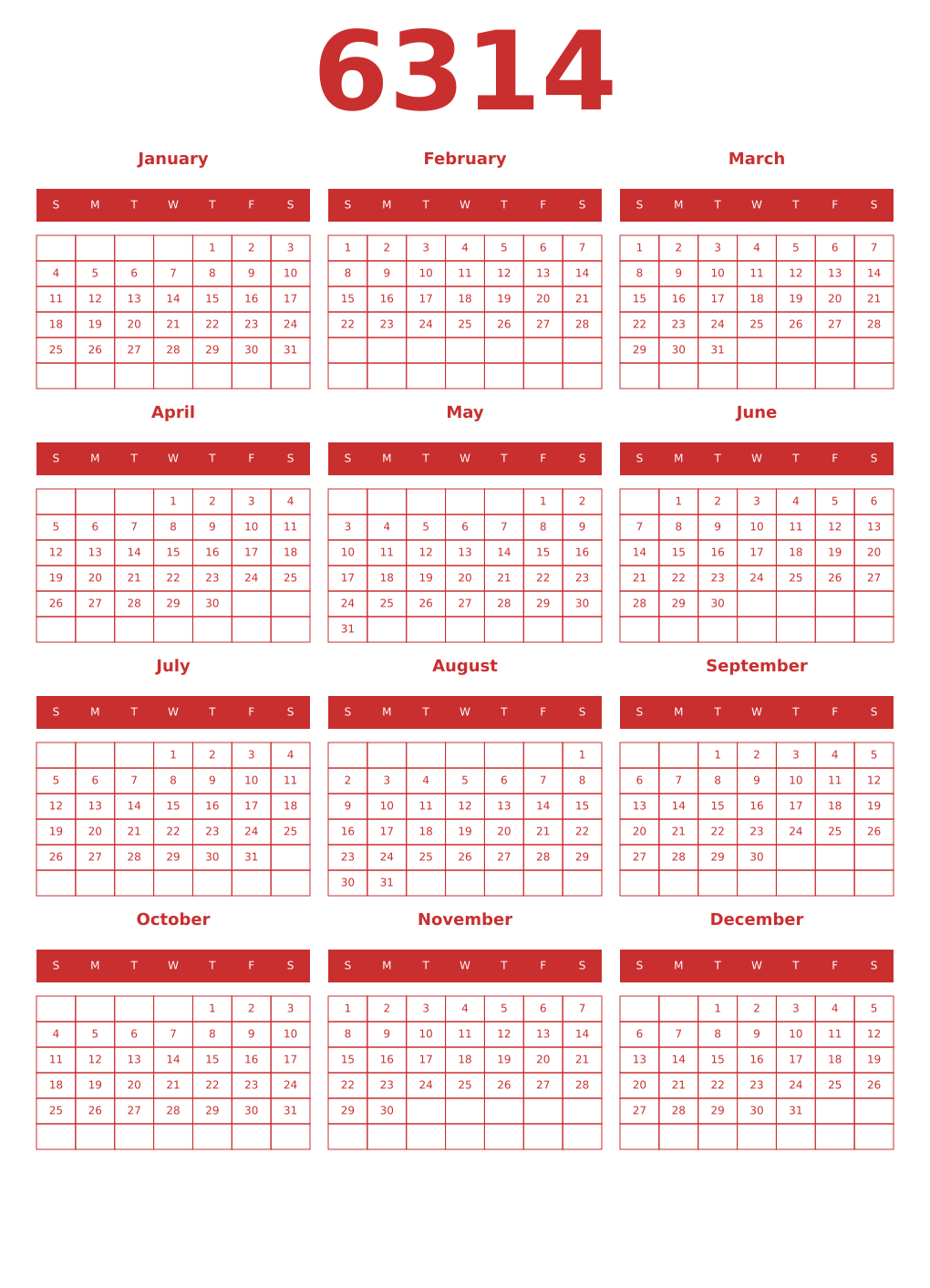 Printable 6314 Year Calendars red