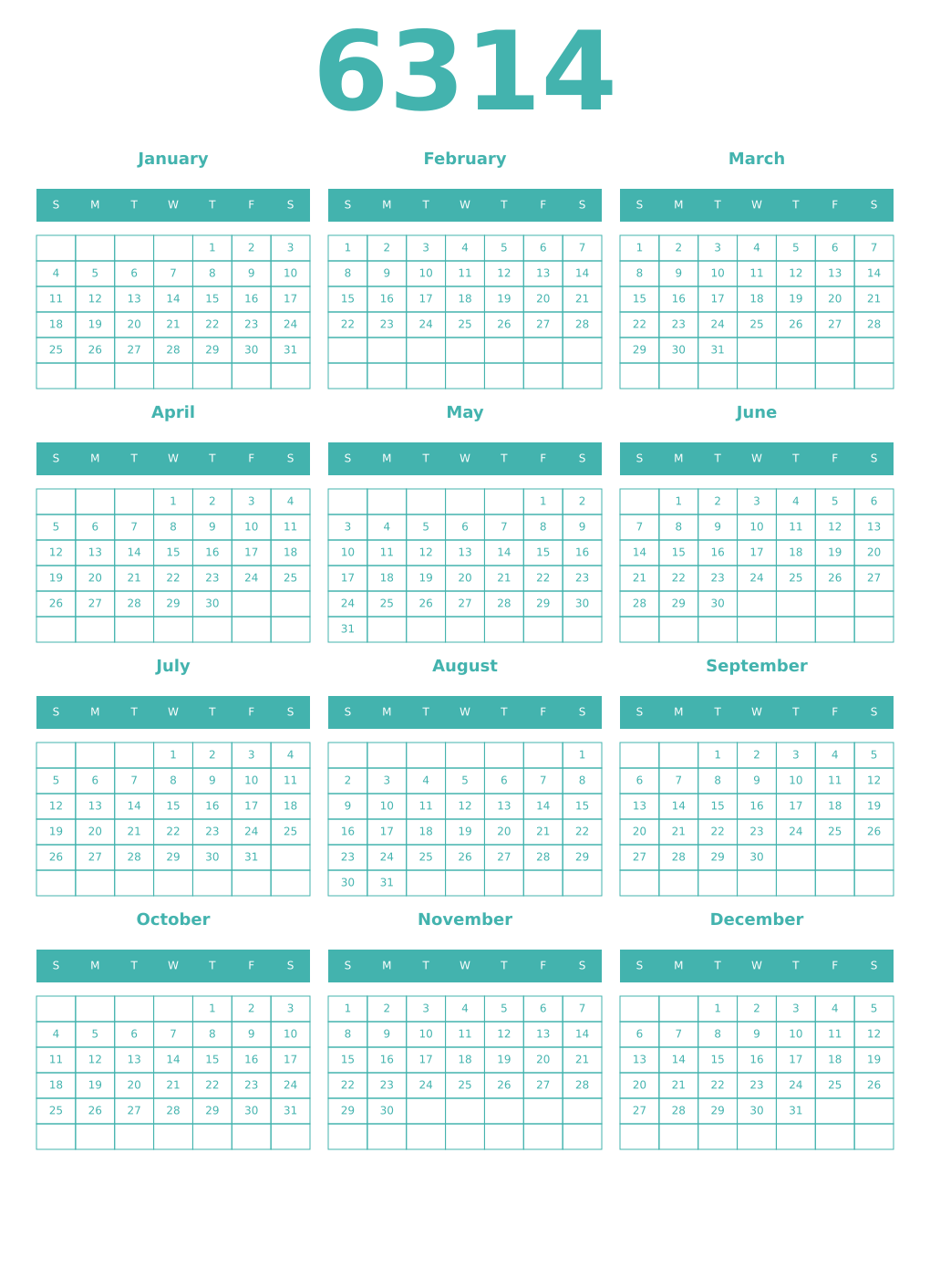 Printable 6314 Year Calendars verdigris