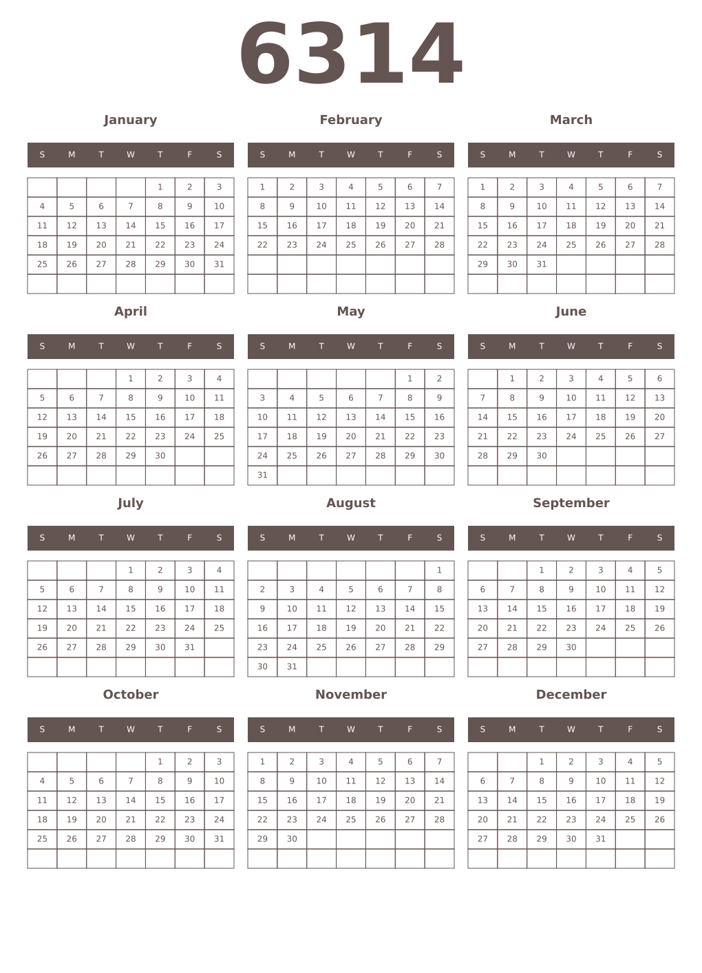 Printable 6314 Year Calendars wenge