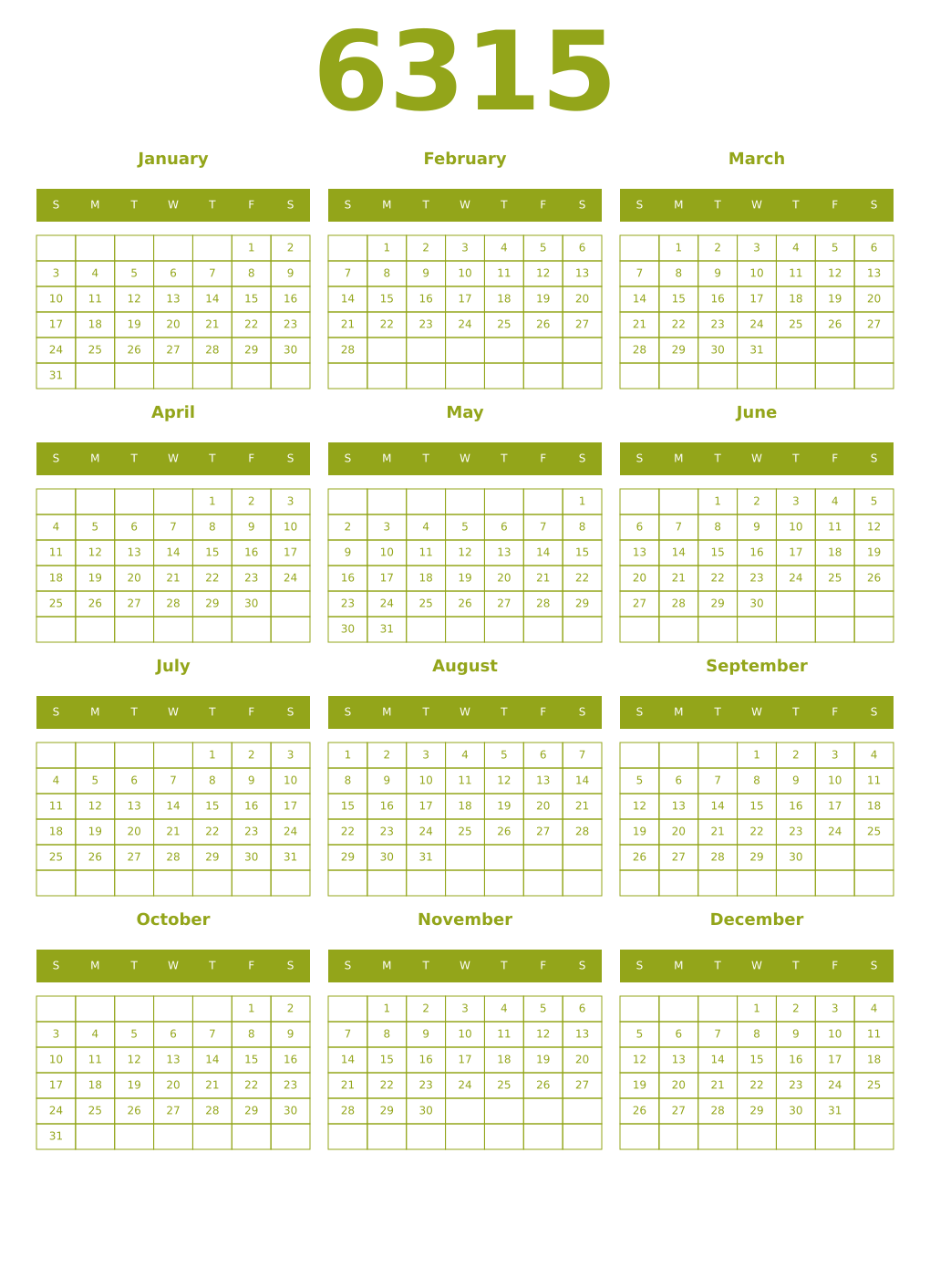 Printable 6315 Year Calendars chartreuse