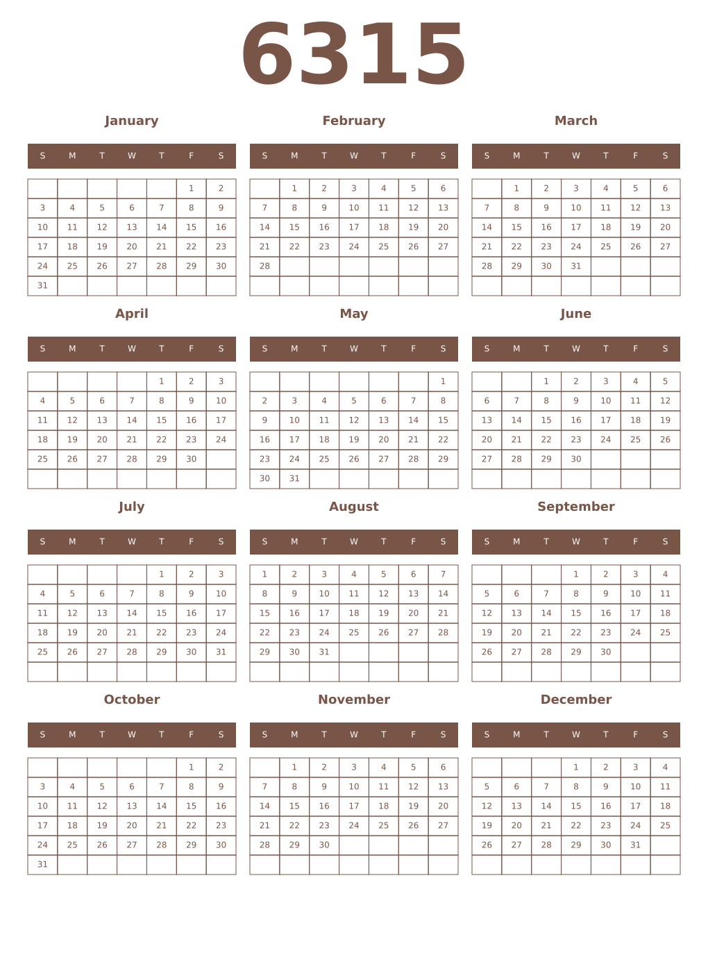 Printable 6315 Year Calendars coffe
