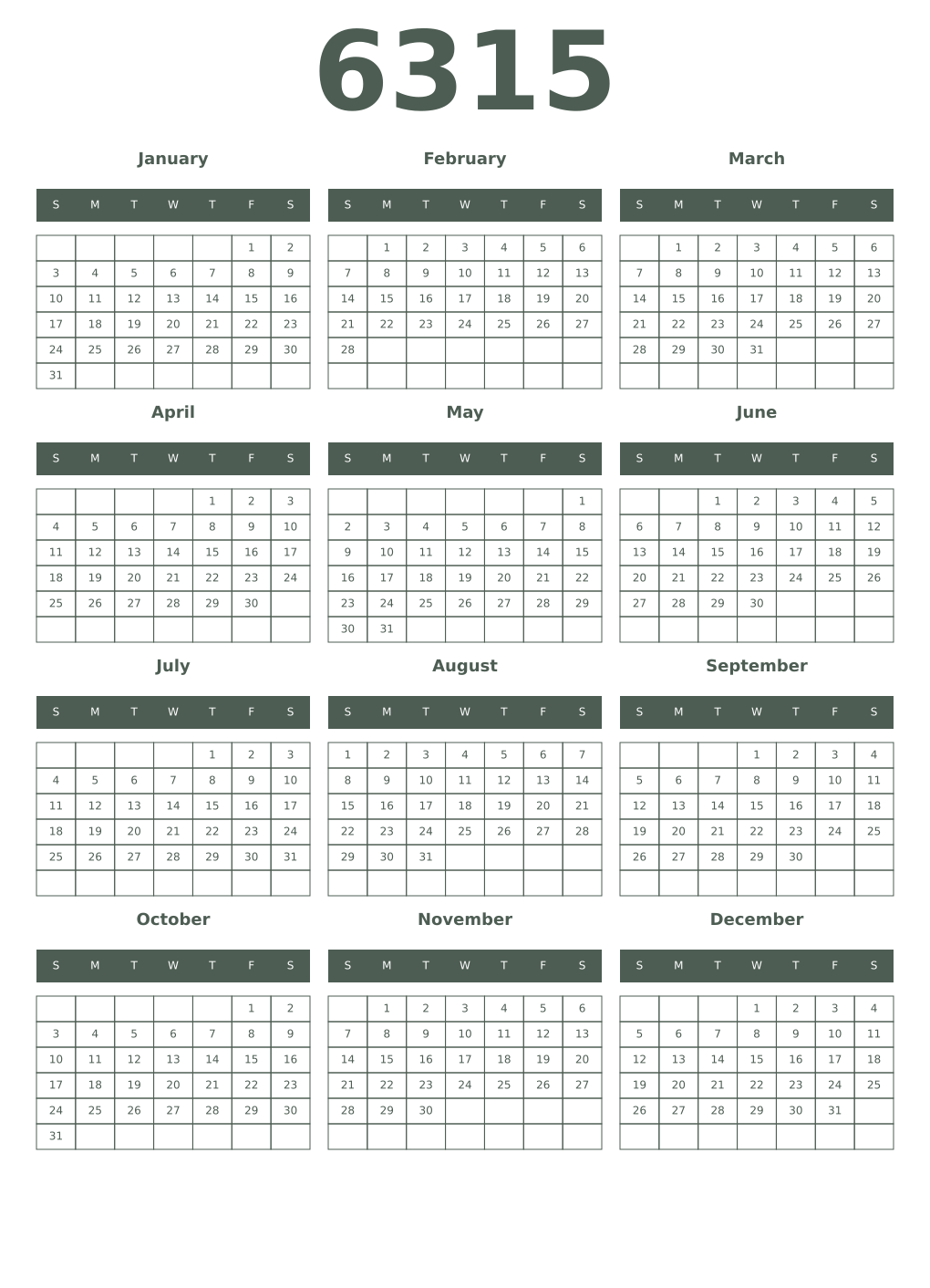 Printable 6315 Year Calendars feldgrau