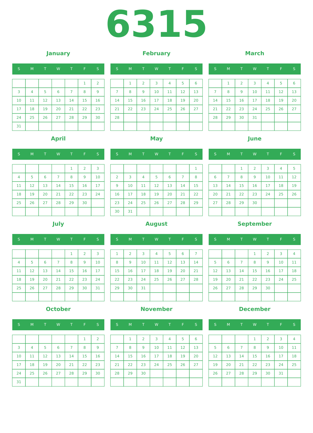 Printable 6315 Year Calendars green