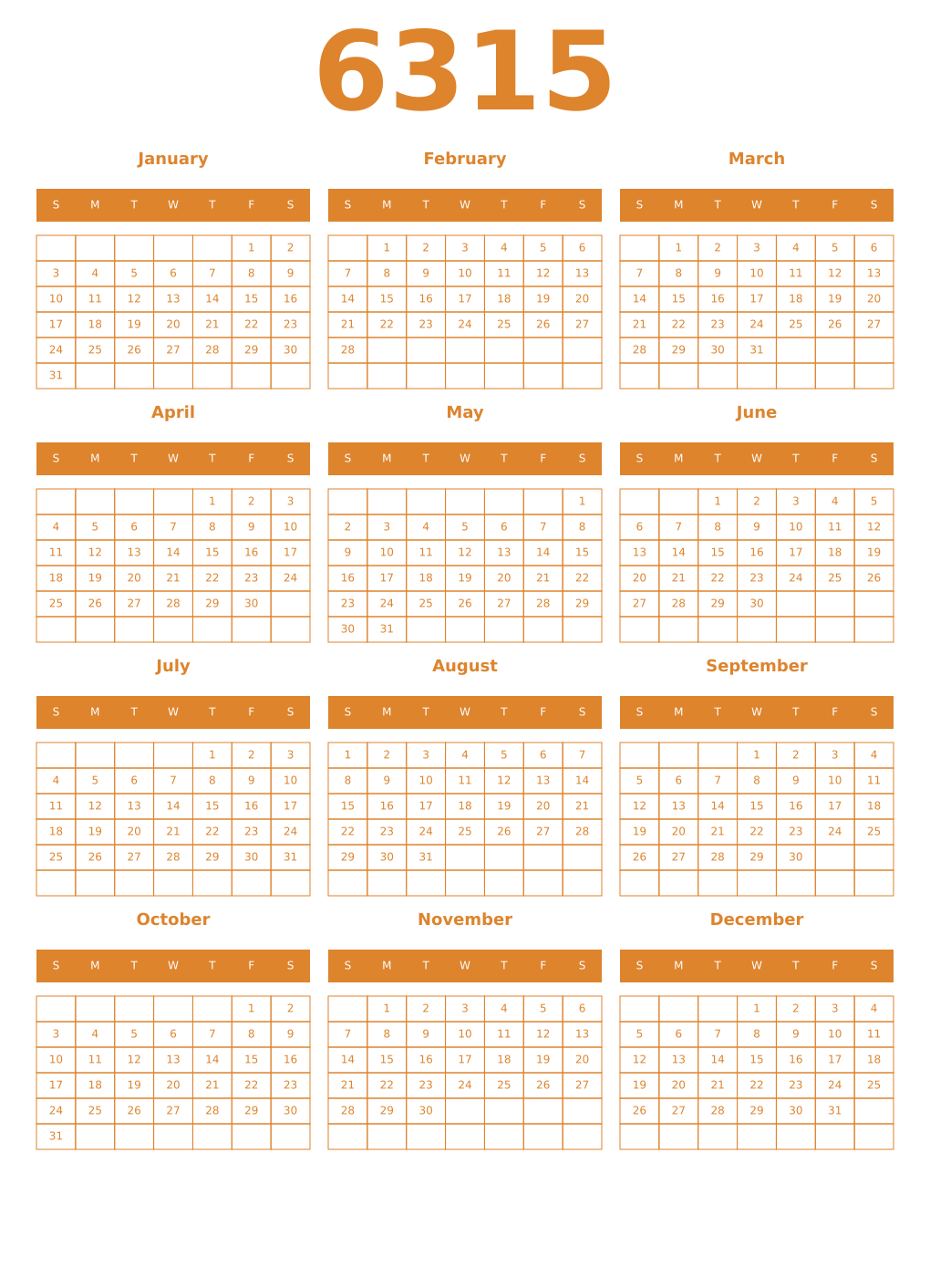 Printable 6315 Year Calendars orange