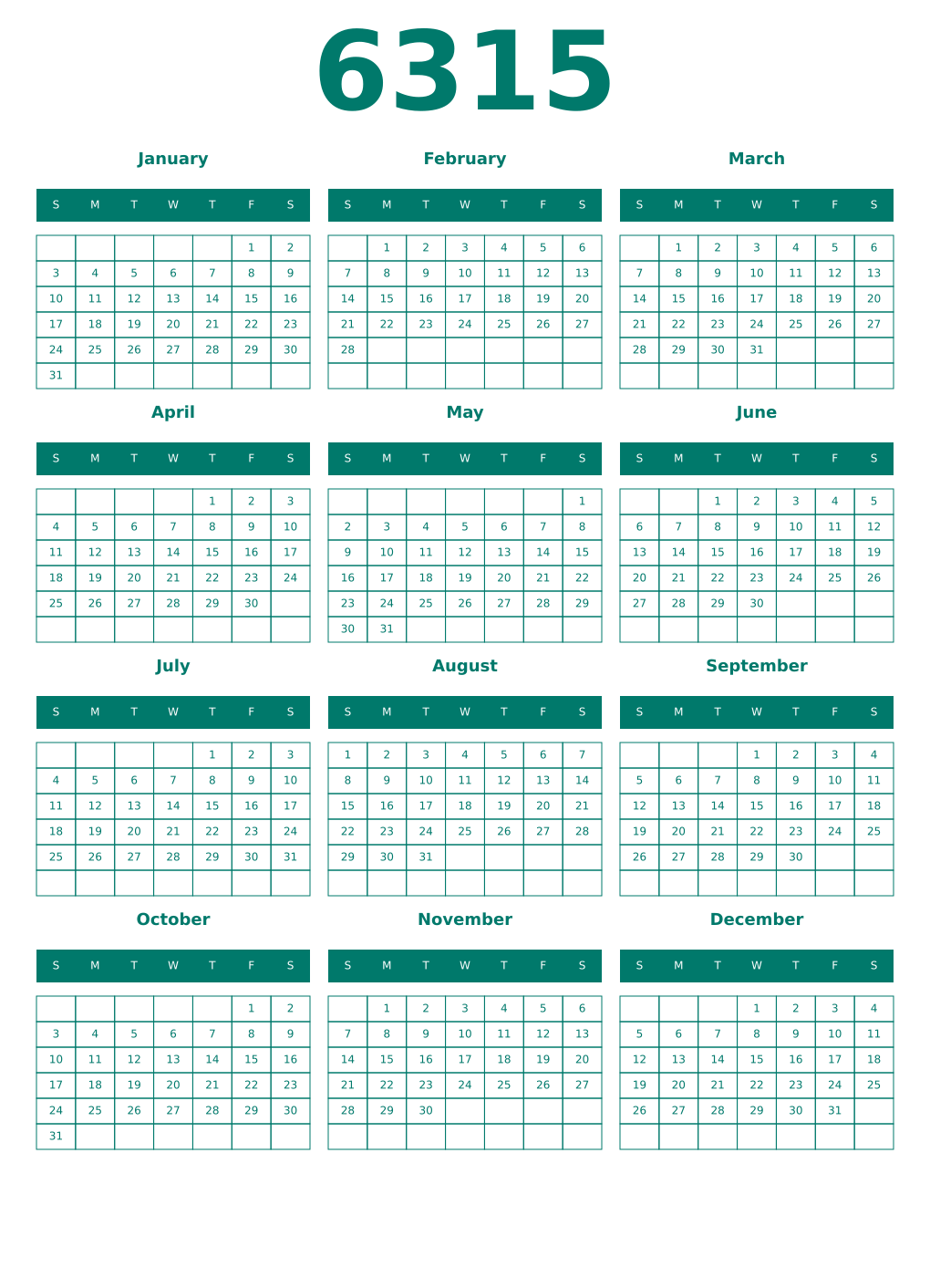 Printable 6315 Year Calendars pastel