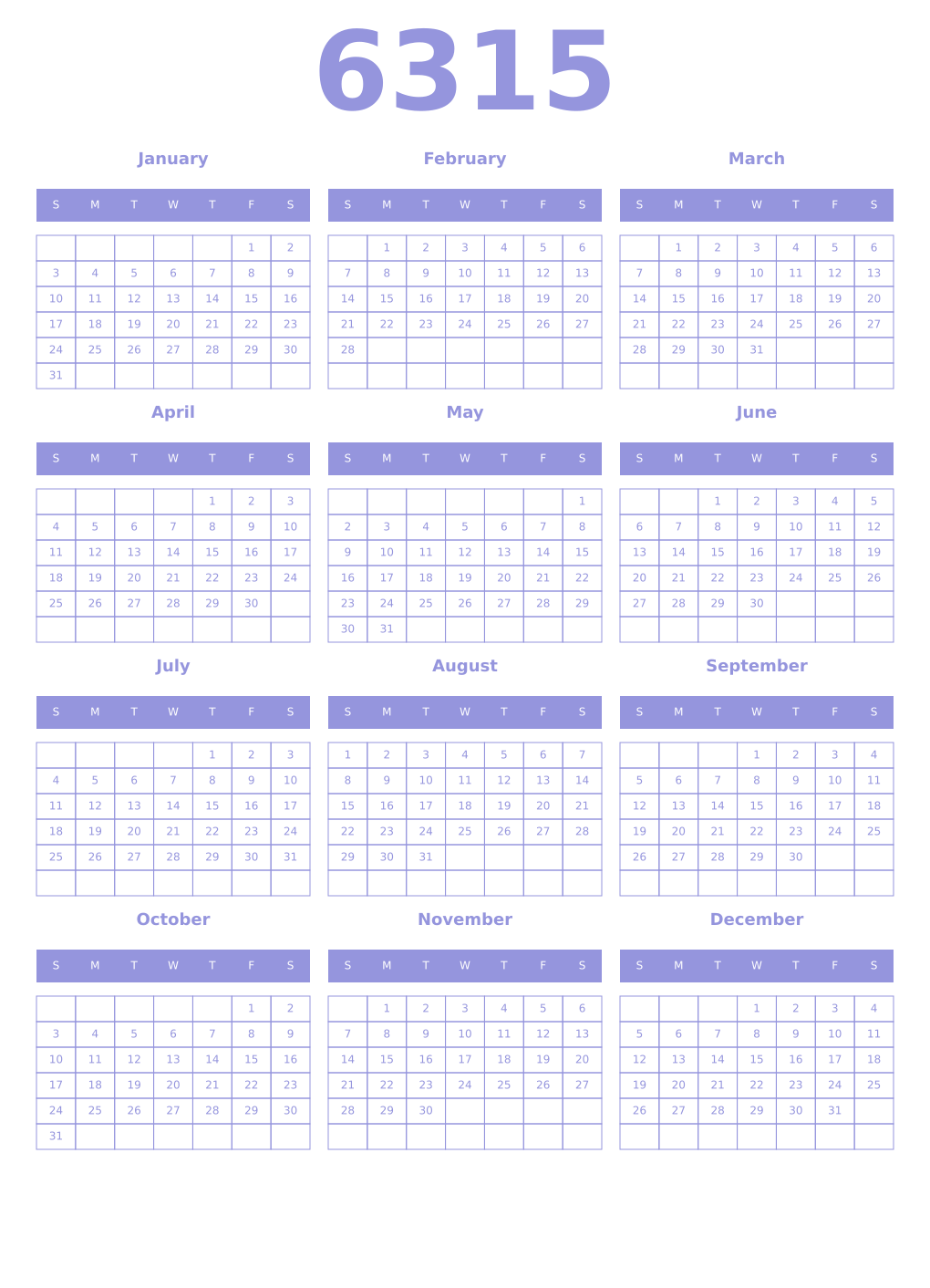 Printable 6315 Year Calendars periwinkle