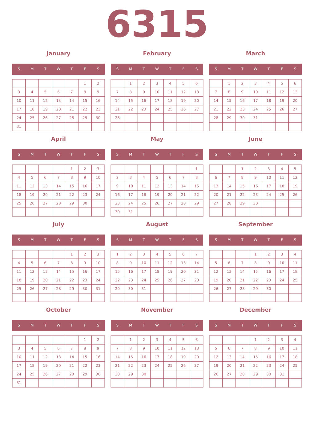 Printable 6315 Year Calendars puce