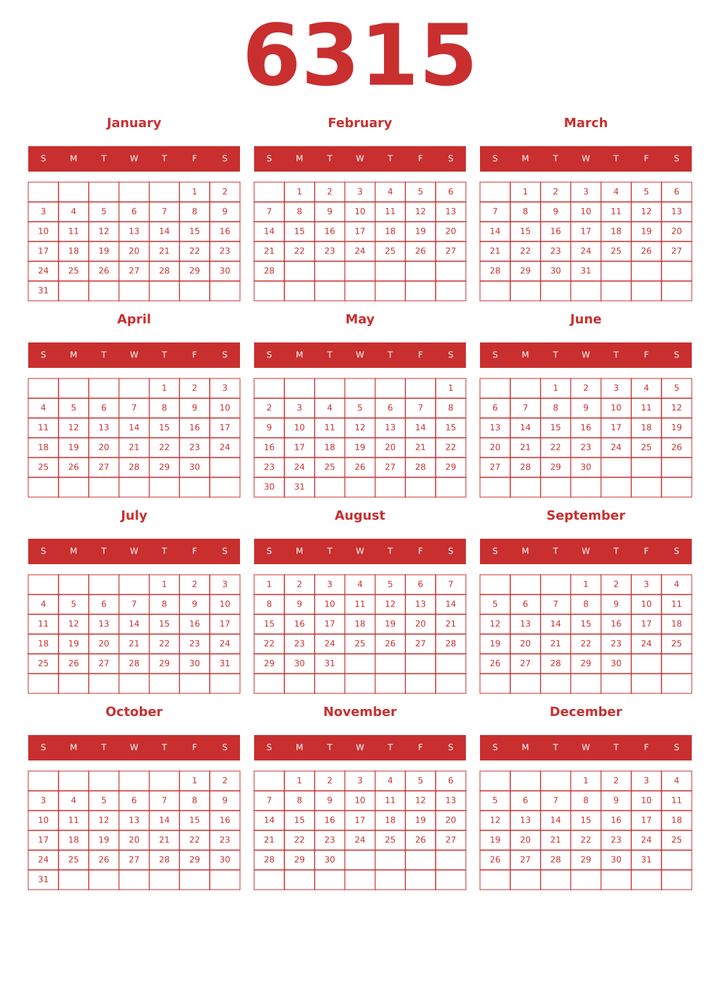 Printable 6315 Year Calendars red
