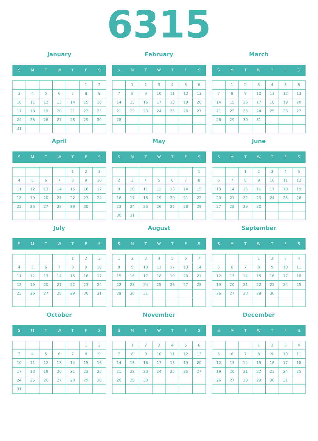 Printable 6315 Year Calendars verdigris