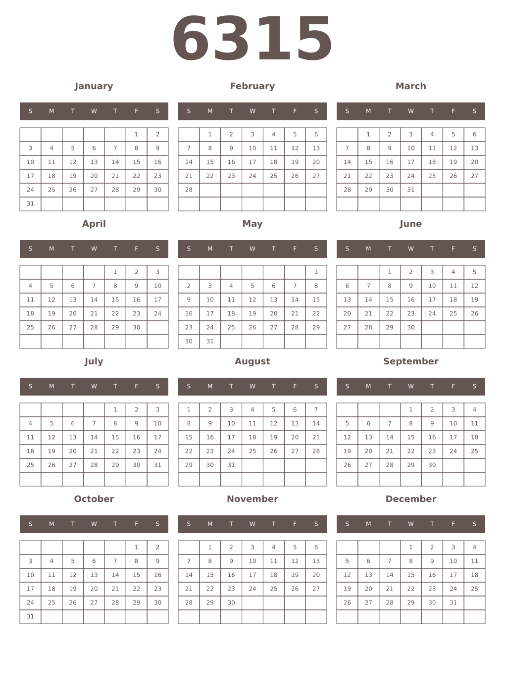 Printable 6315 Year Calendars wenge