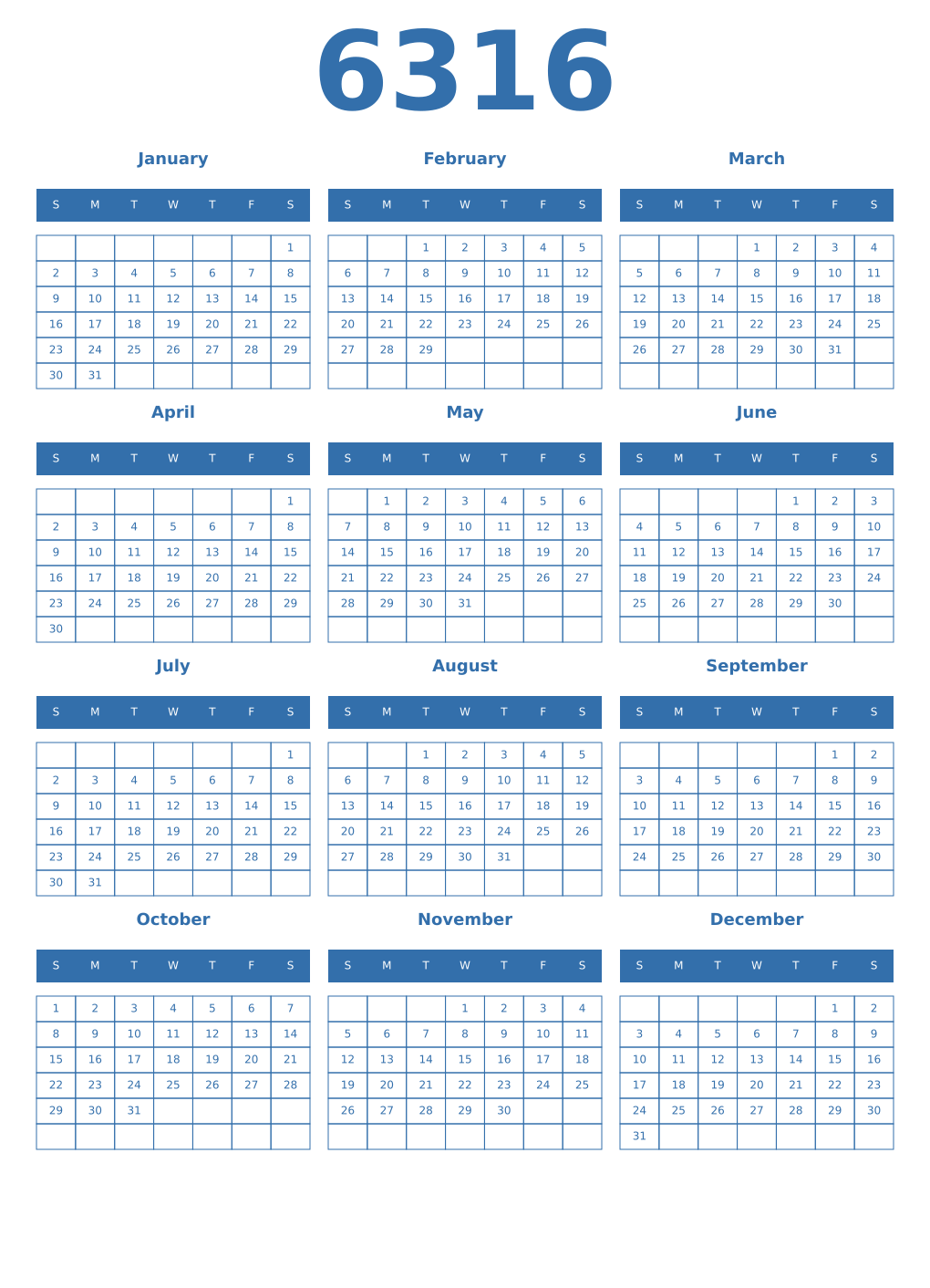 Printable 6316 Year Calendars blue