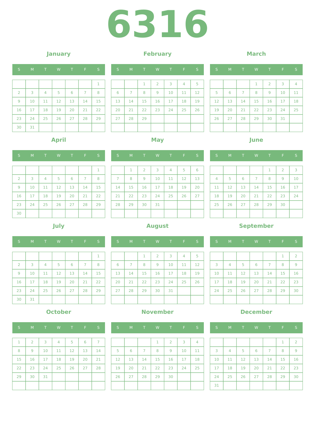 Printable 6316 Year Calendars celadon