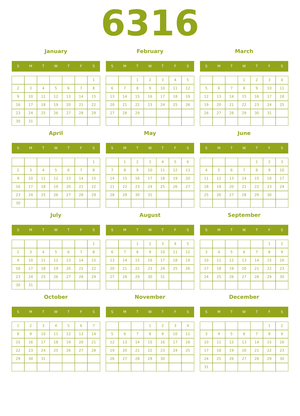 Printable 6316 Year Calendars chartreuse