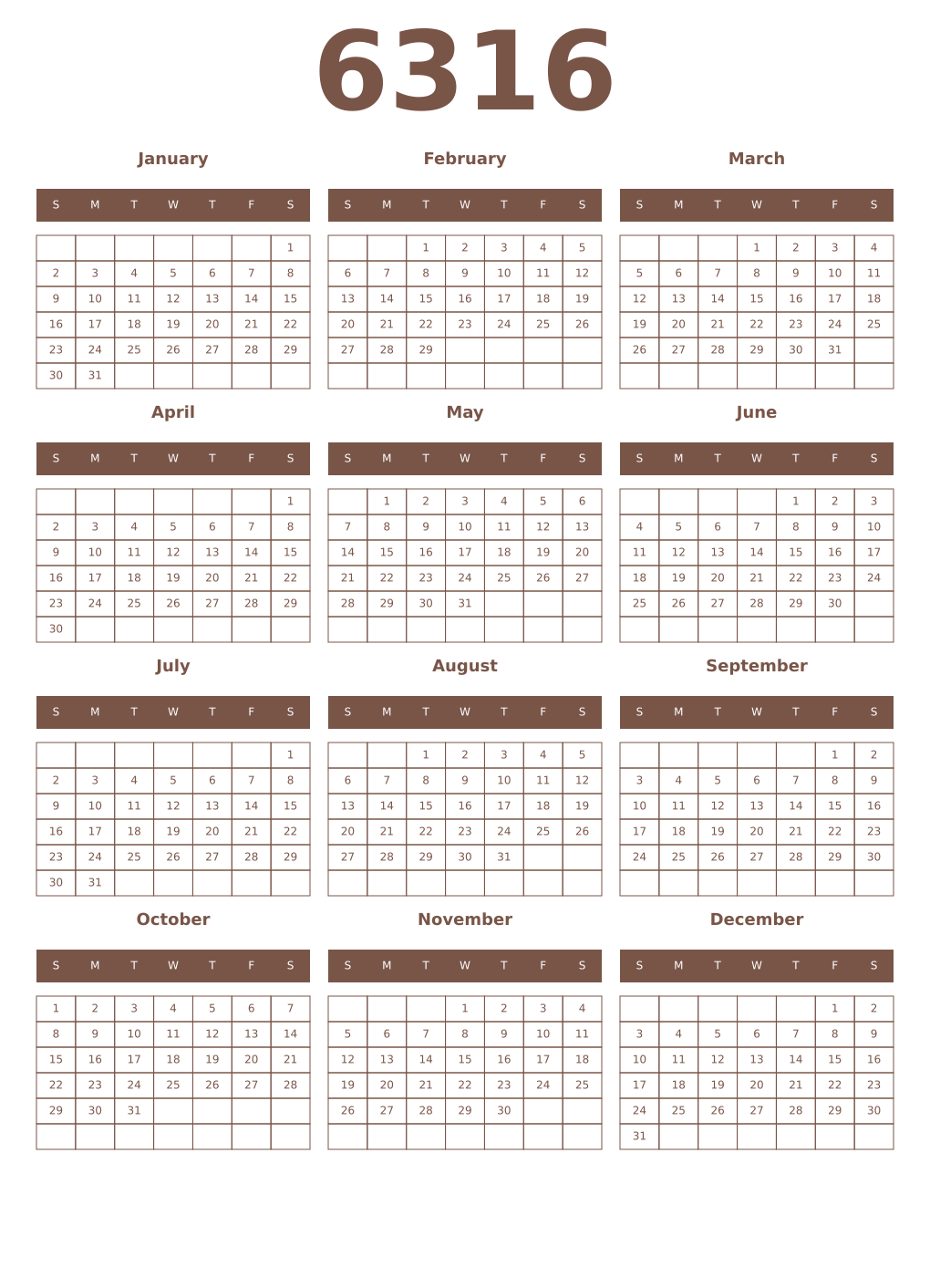 Printable 6316 Year Calendars coffe