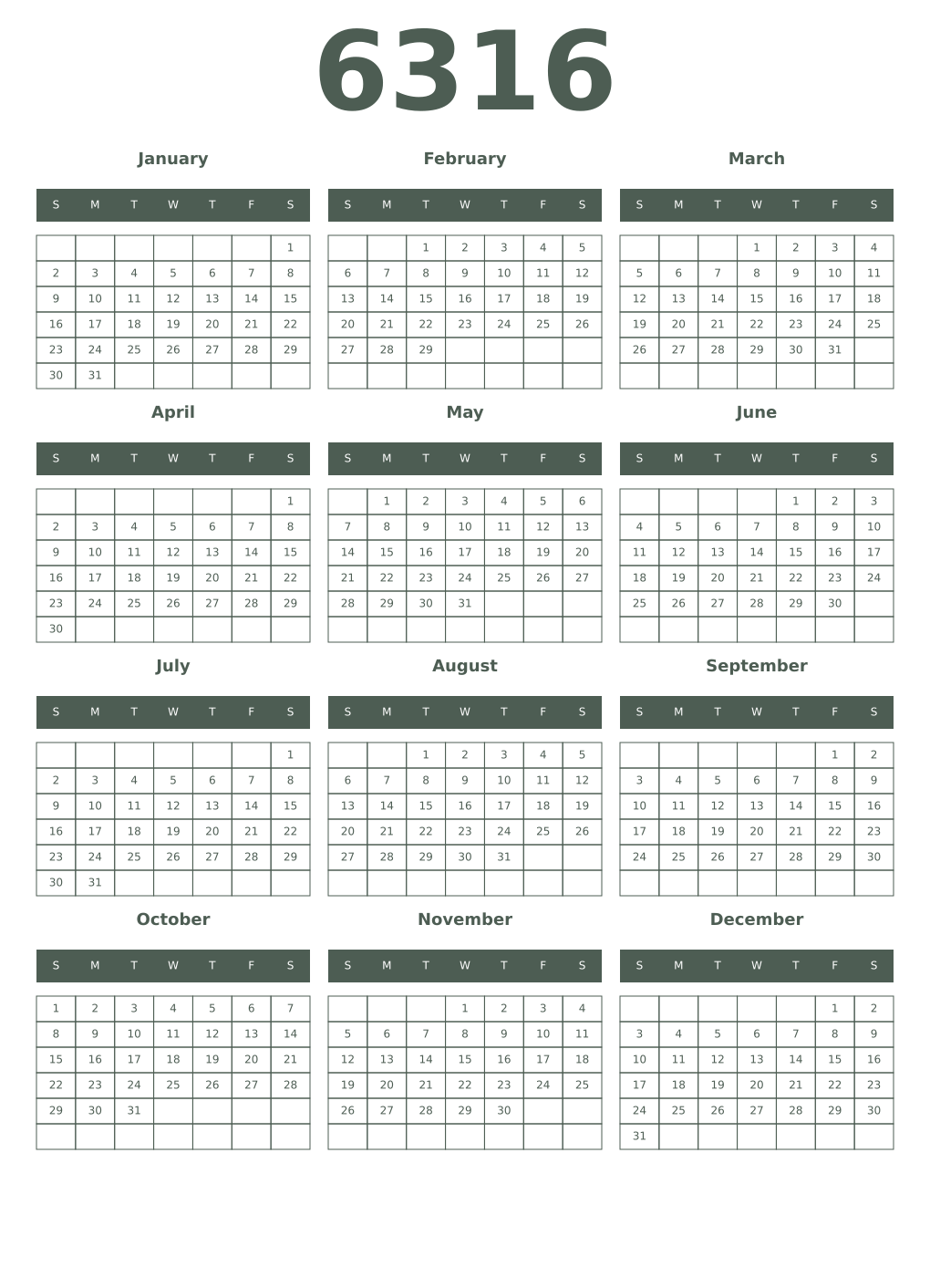 Printable 6316 Year Calendars feldgrau