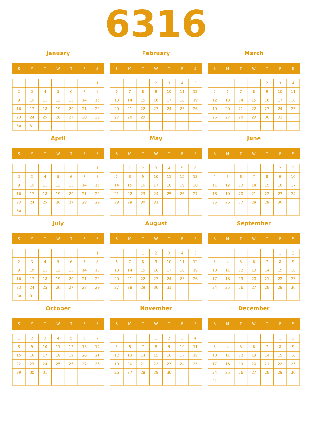 Printable 6316 Year Calendars gamboge