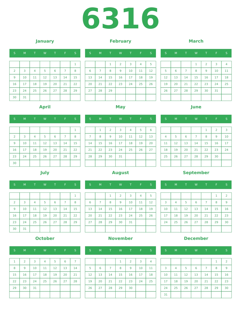 Printable 6316 Year Calendars green