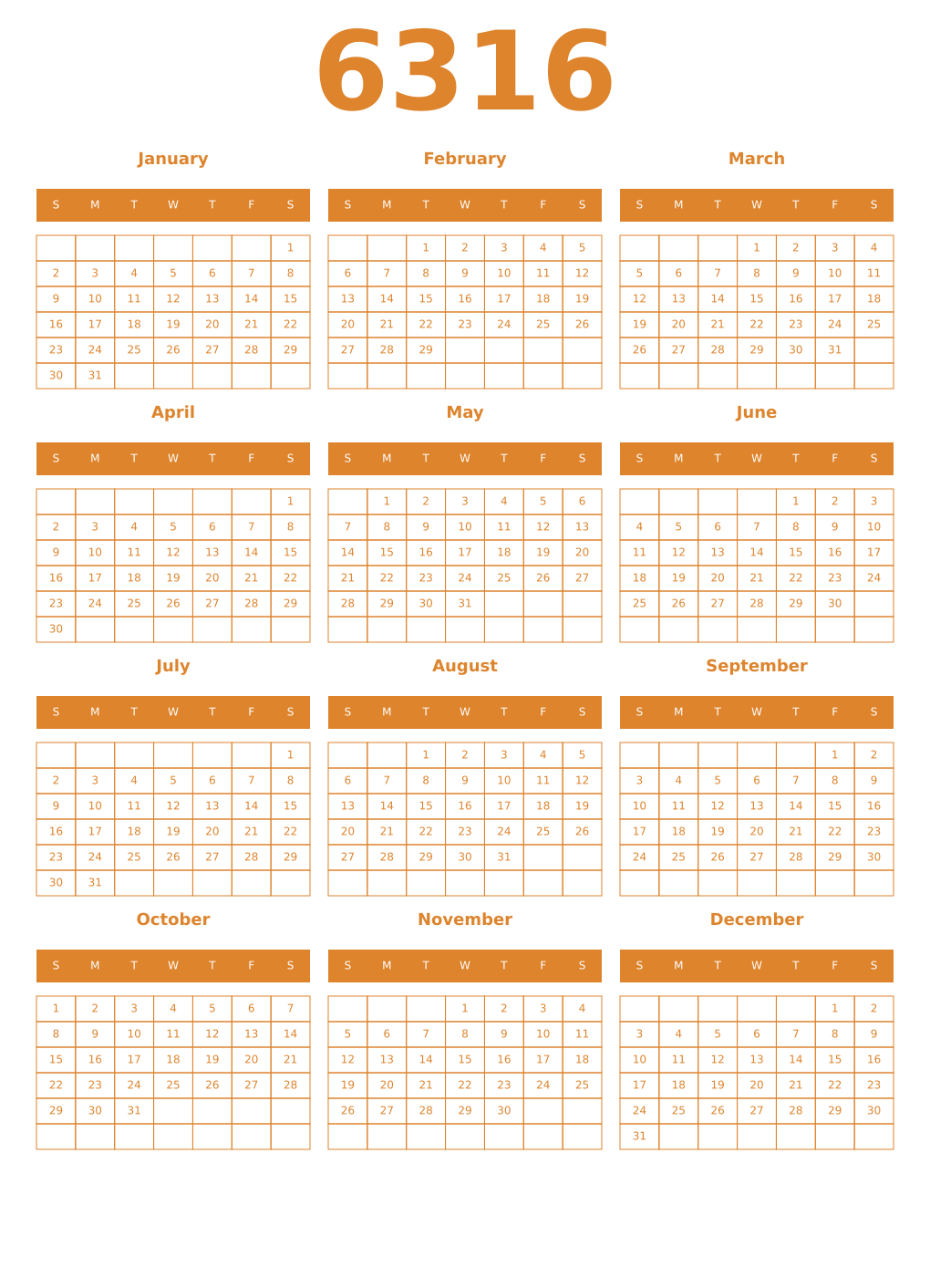 Printable 6316 Year Calendars orange