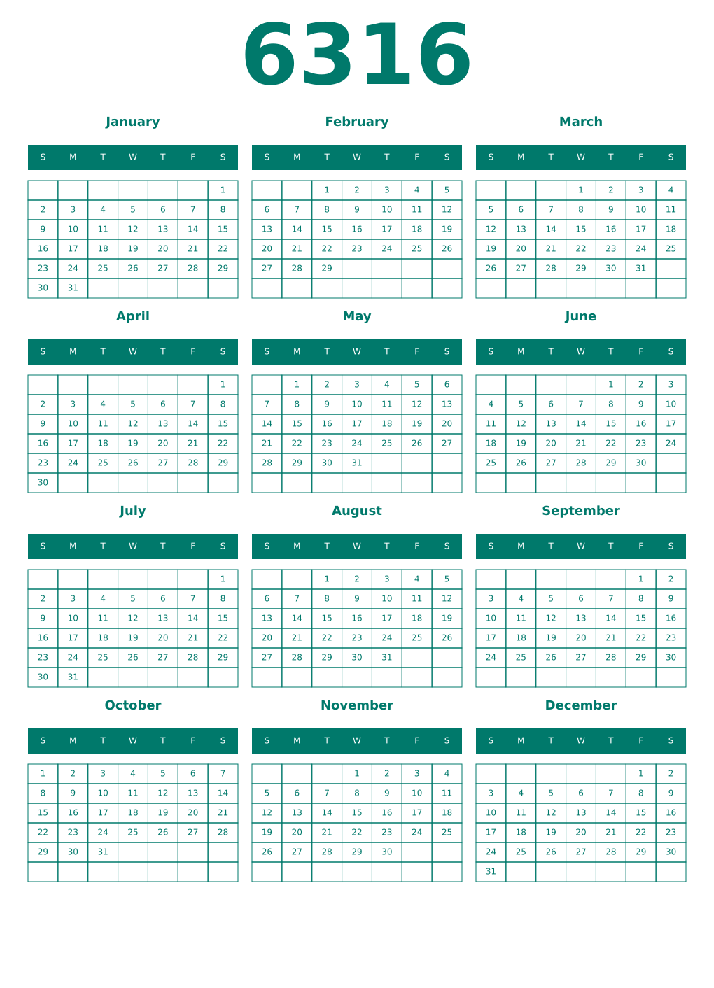 Printable 6316 Year Calendars pastel