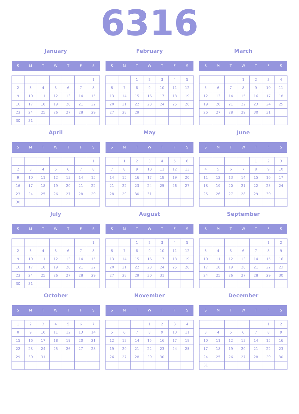 Printable 6316 Year Calendars periwinkle