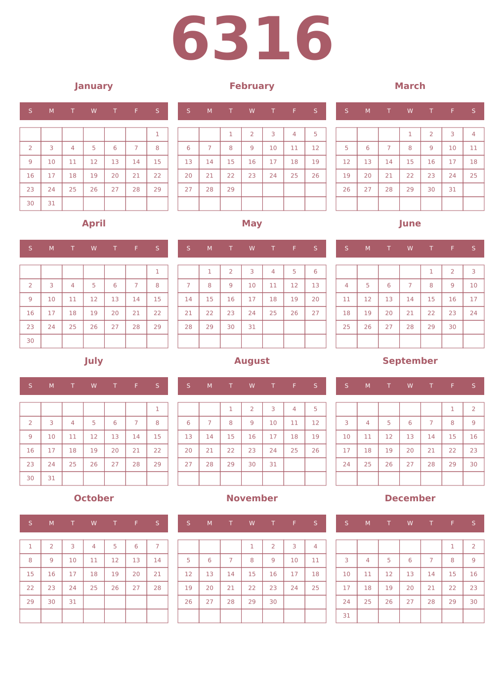 Printable 6316 Year Calendars puce