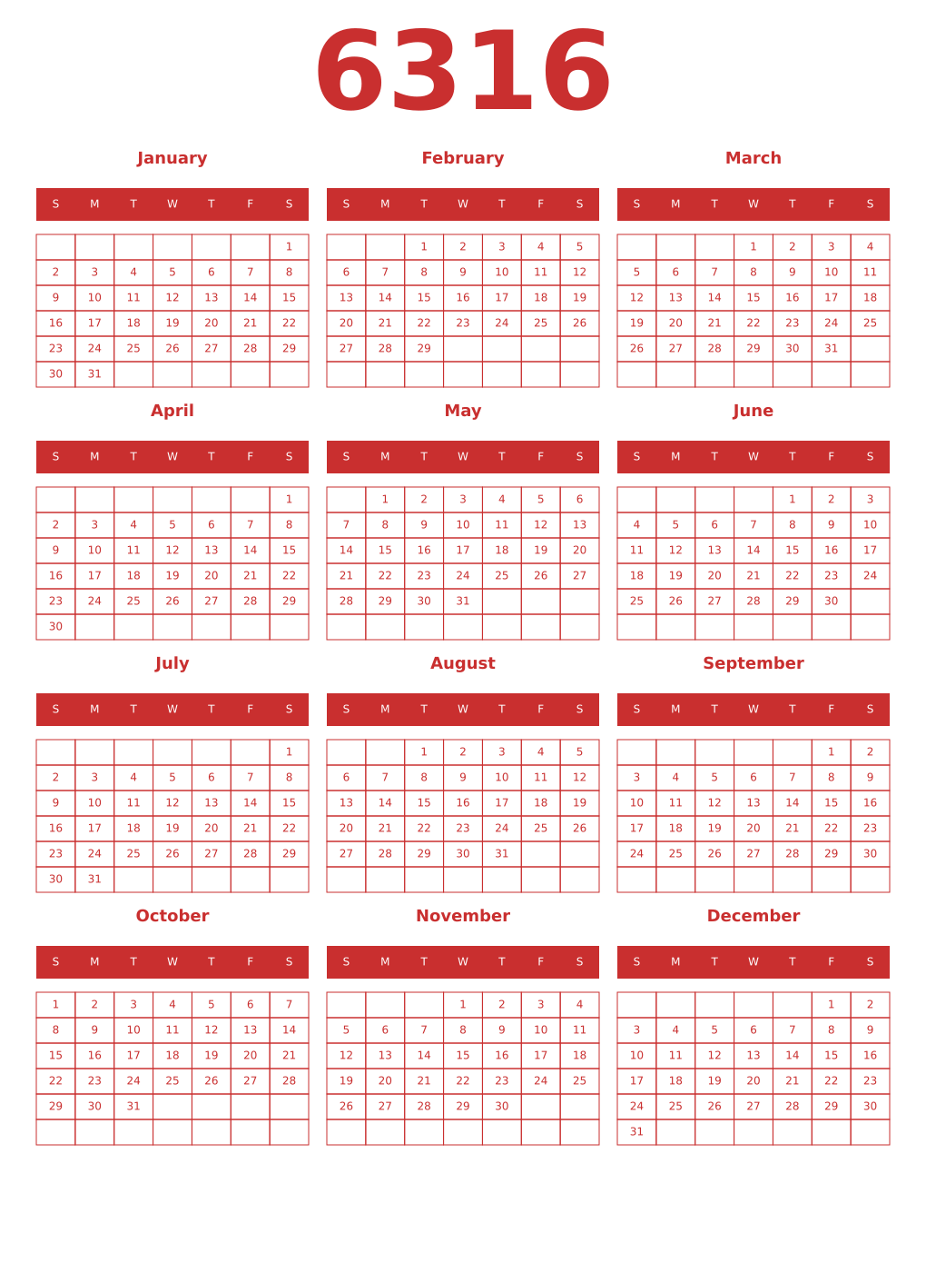 Printable 6316 Year Calendars red