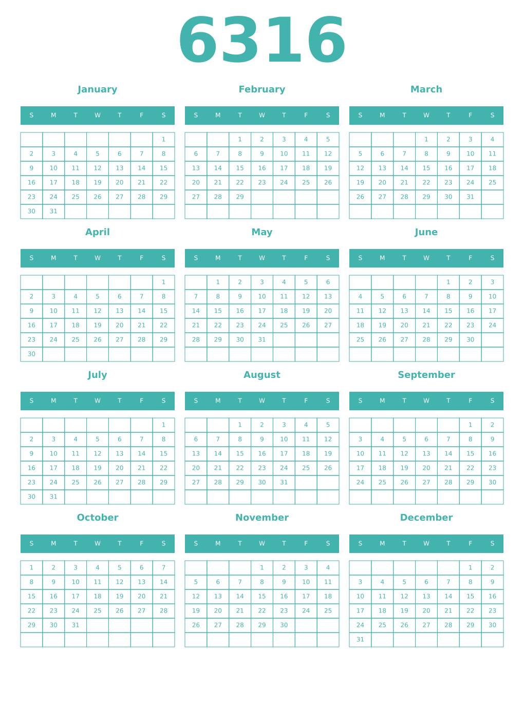Printable 6316 Year Calendars verdigris